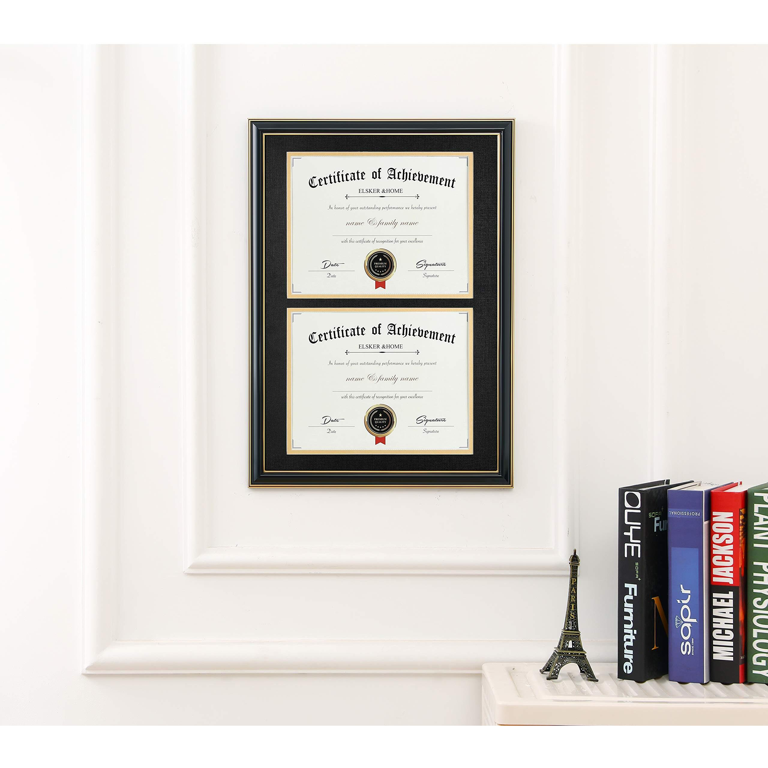 Elsker&Home Wood Picture Frame  16.73X22.64In  Double Mat Black Mat With Golden Rim  Document Frame For 2 8.5X11In Certificates  Diploma  Wall Mount