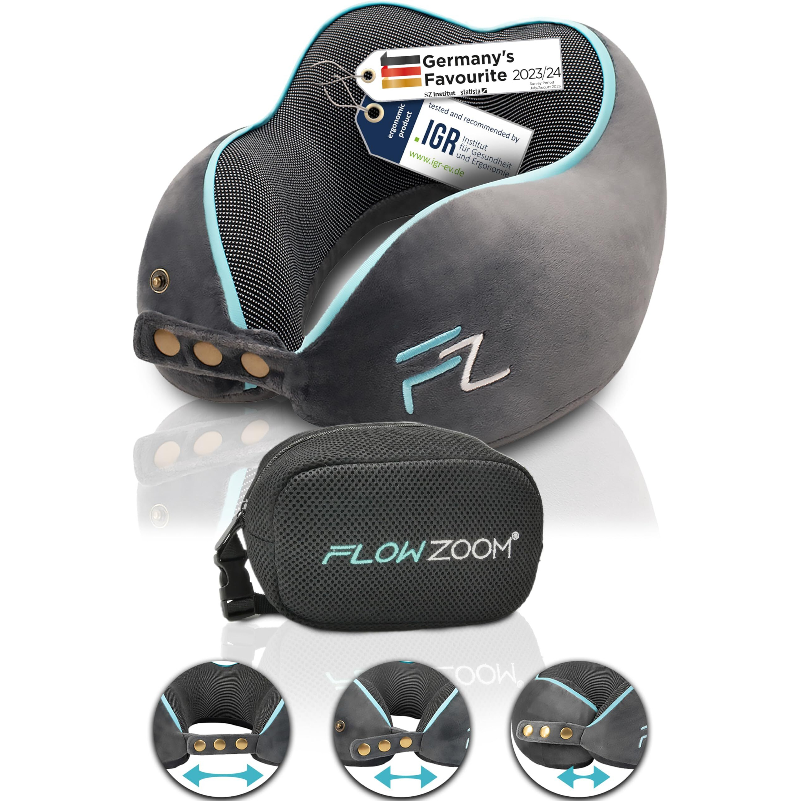 Flowzoom Travel Pillow Memory Foam - Airplane Neck Pillow For Long Flight - Travel Pillows For Airplanes - Adjustable Travel Neck Pillow - Flight Pillow - Car & Plane Pillow - Adults  Grey