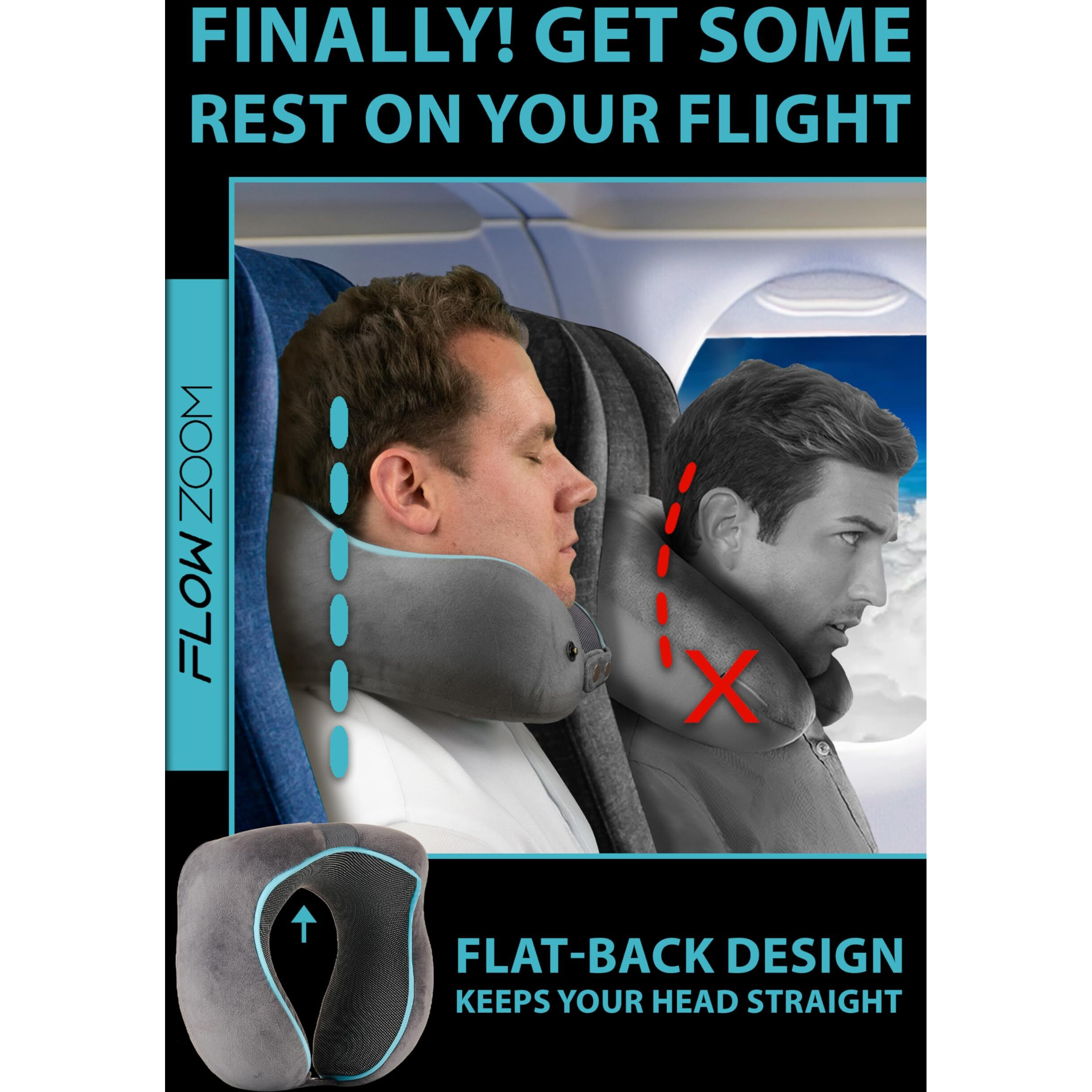 Flowzoom Travel Pillow Memory Foam - Airplane Neck Pillow For Long Flight - Travel Pillows For Airplanes - Adjustable Travel Neck Pillow - Flight Pillow - Car & Plane Pillow - Adults  Grey