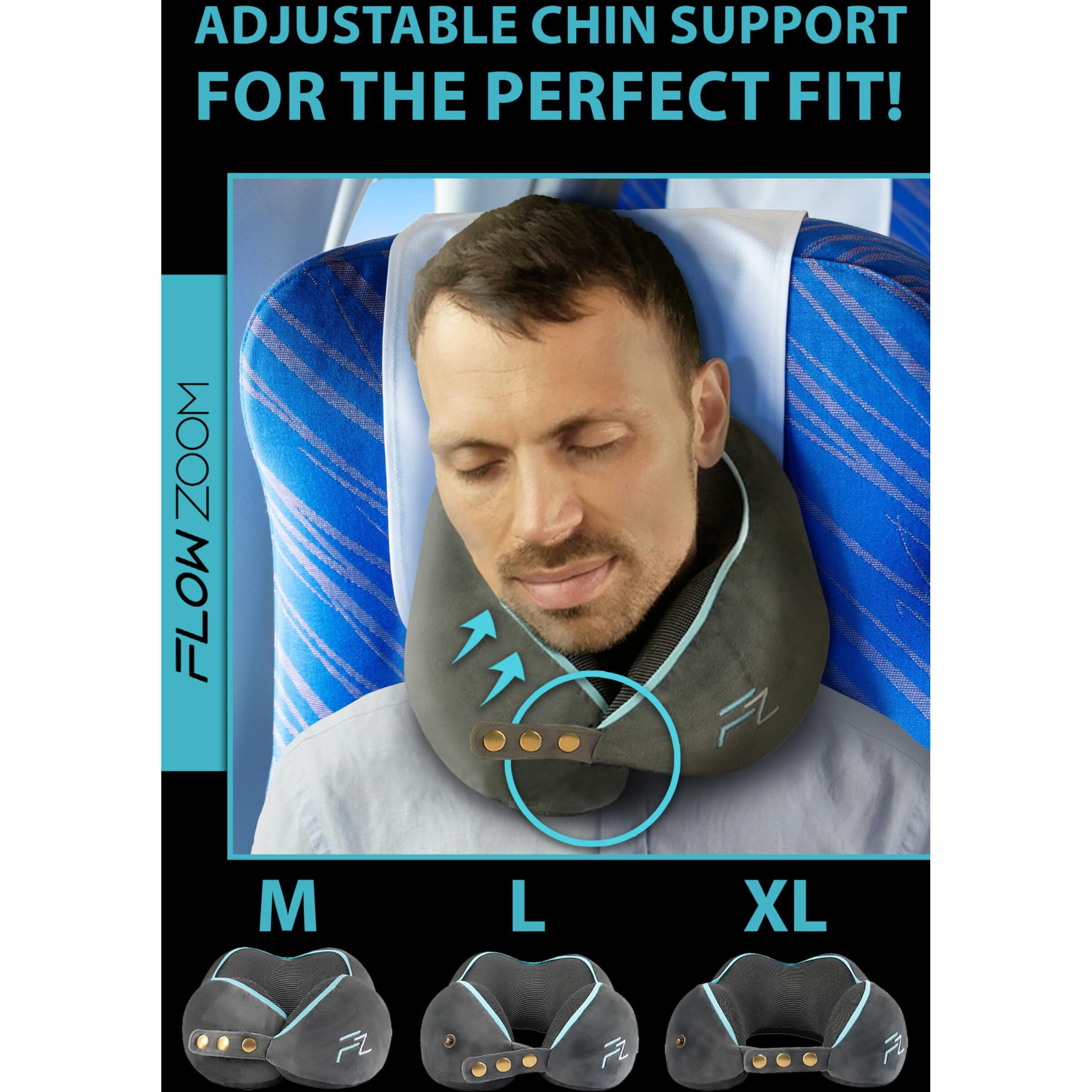 Flowzoom Travel Pillow Memory Foam - Airplane Neck Pillow For Long Flight - Travel Pillows For Airplanes - Adjustable Travel Neck Pillow - Flight Pillow - Car & Plane Pillow - Adults  Grey