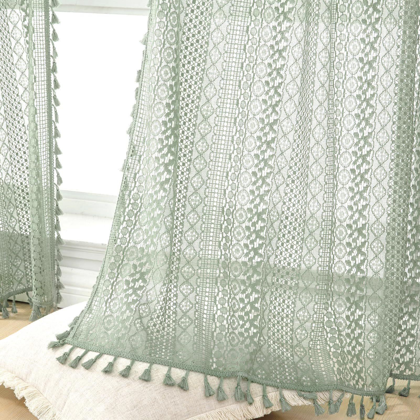 Wazzio Grey Green Curtains 63 Inch Length 2 Panels Rod Pocket Tassel Boho Crochet Lace Curtains Light Green Bedroom Living Room Curtains See Through Privacy Curtains For Boys RoomMint Green
