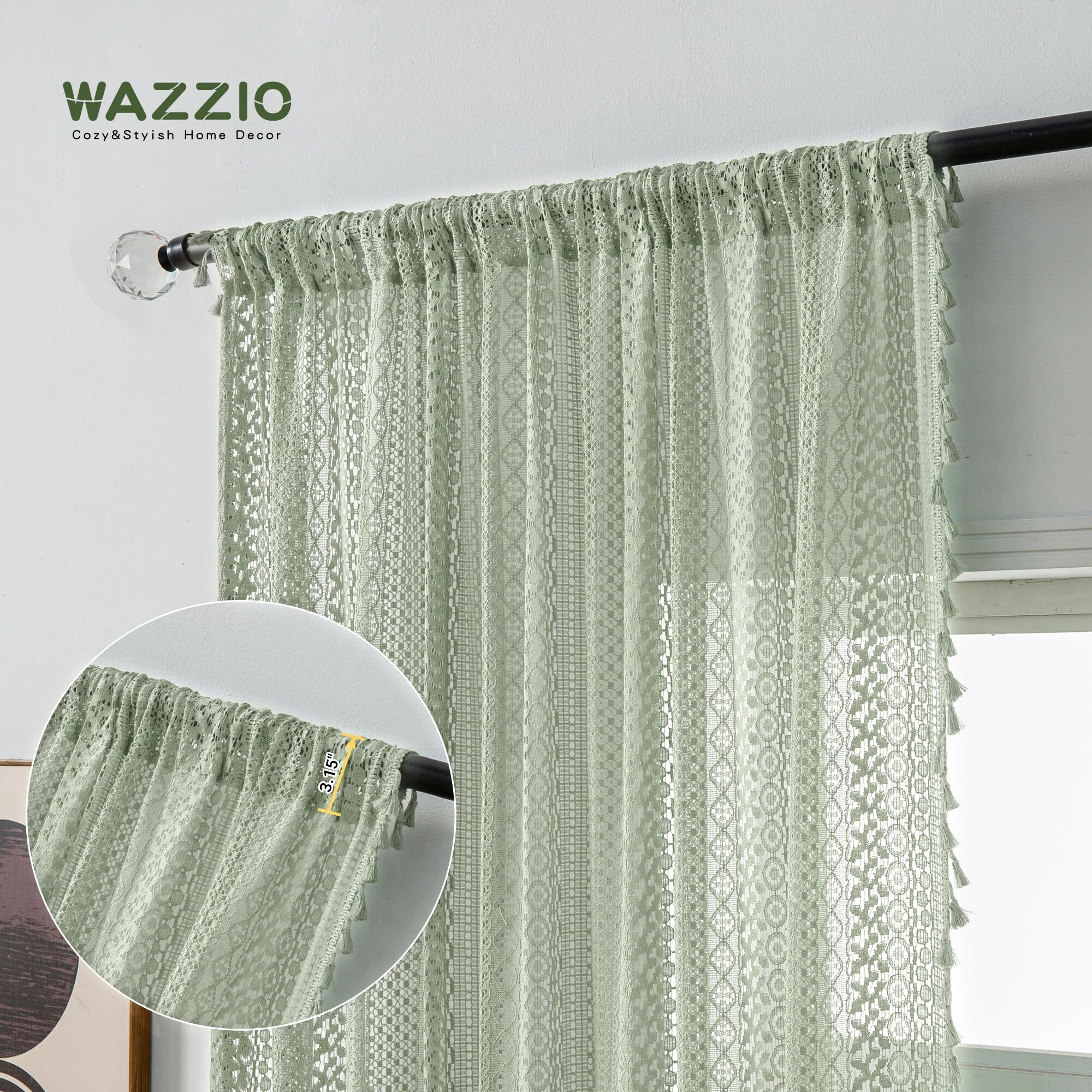 Wazzio Grey Green Curtains 63 Inch Length 2 Panels Rod Pocket Tassel Boho Crochet Lace Curtains Light Green Bedroom Living Room Curtains See Through Privacy Curtains For Boys RoomMint Green
