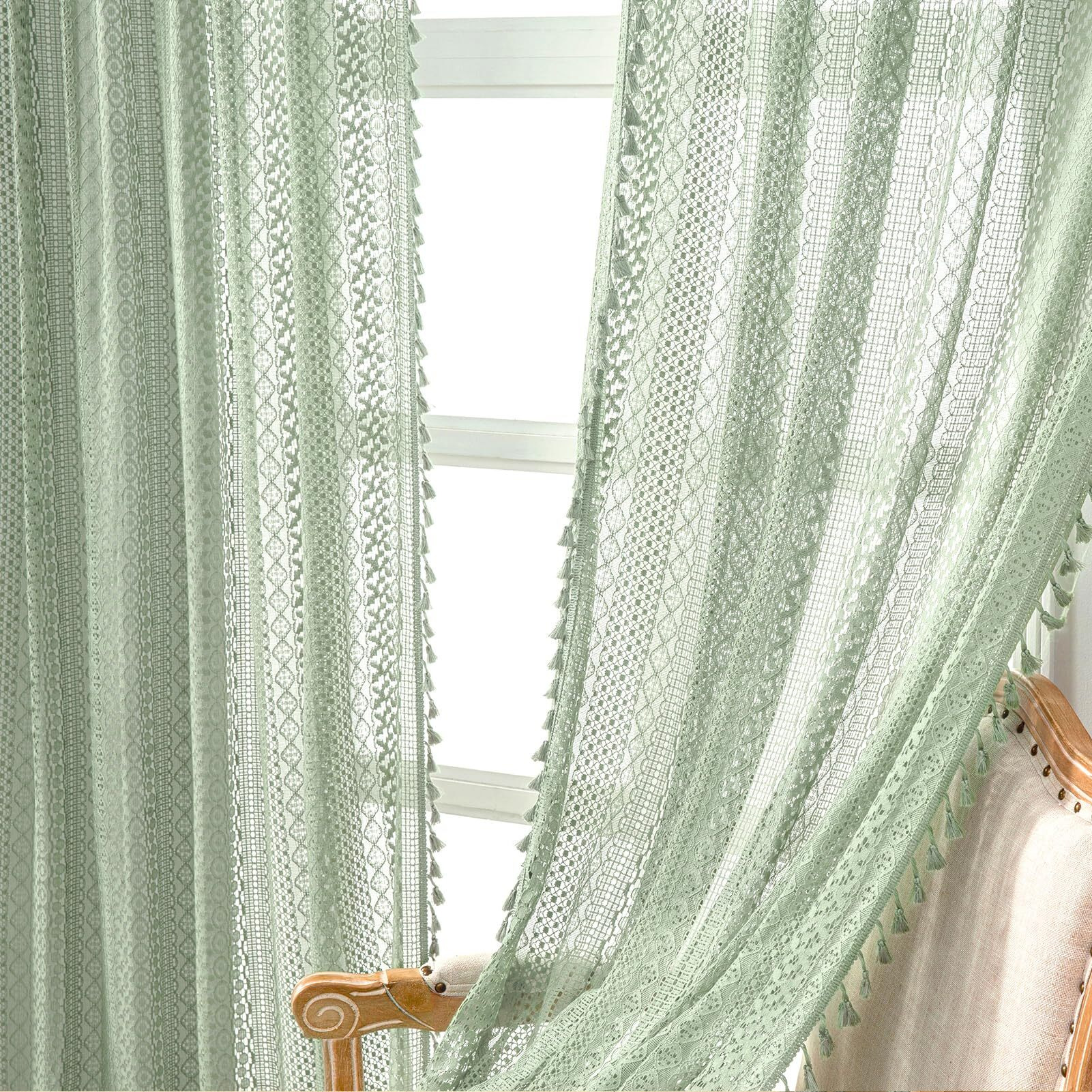 Wazzio Grey Green Curtains 63 Inch Length 2 Panels Rod Pocket Tassel Boho Crochet Lace Curtains Light Green Bedroom Living Room Curtains See Through Privacy Curtains For Boys RoomMint Green