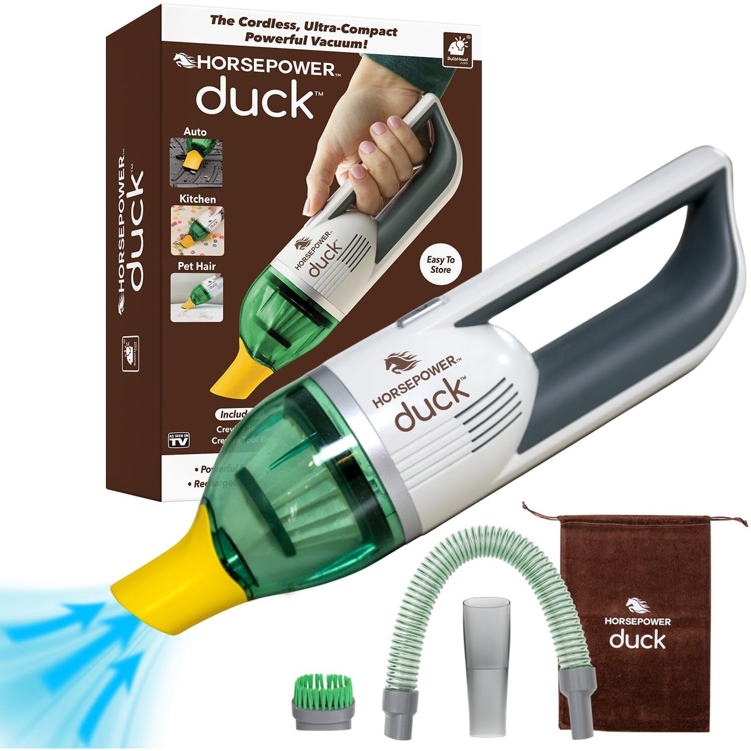 Duck Compact Cordless Vacuum By Horsepower  Ultra-Powerful  Strong Suction  As-Seen-On-Tv  Easy To Store  Rechargeable. Home  Auto  Pet Hair  Fits In Tiny Crevices  Includes Hose  Crevice Tool & Brush