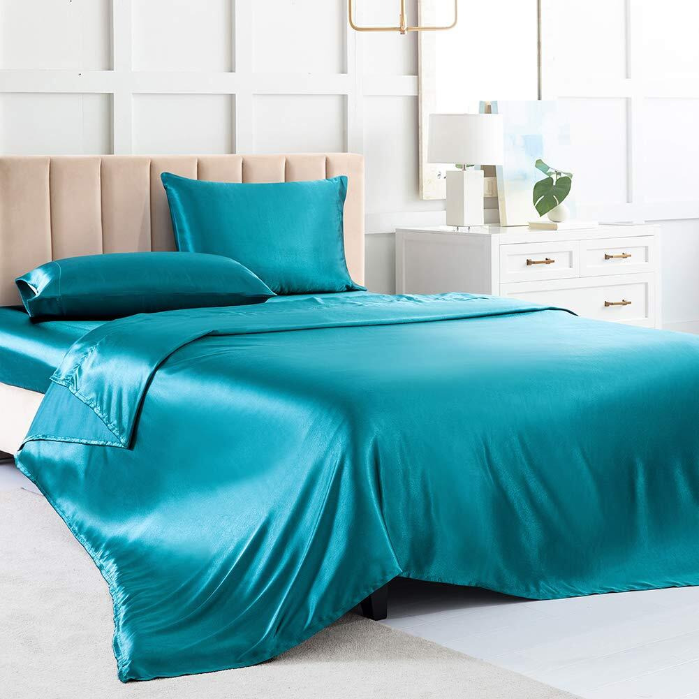 Satin Bed Sheets California King Size Sheets Set  Teal Silk Sheets  4 - Pieces Soft Bedding Set With 1 Deep Pocket Fitted Sheet 1 Flat Sheet 2 Pillowcase