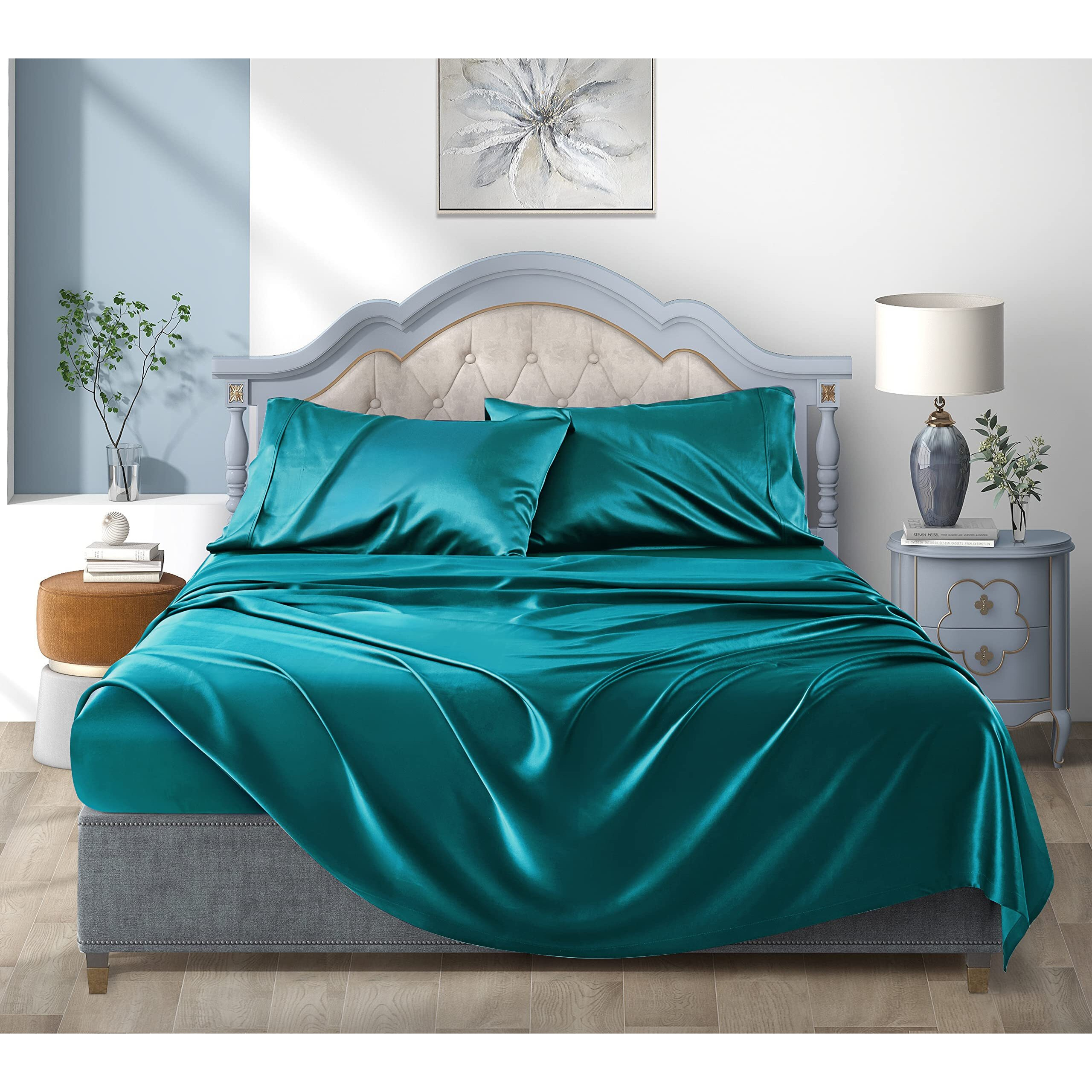 Satin Bed Sheets California King Size Sheets Set  Teal Silk Sheets  4 - Pieces Soft Bedding Set With 1 Deep Pocket Fitted Sheet 1 Flat Sheet 2 Pillowcase