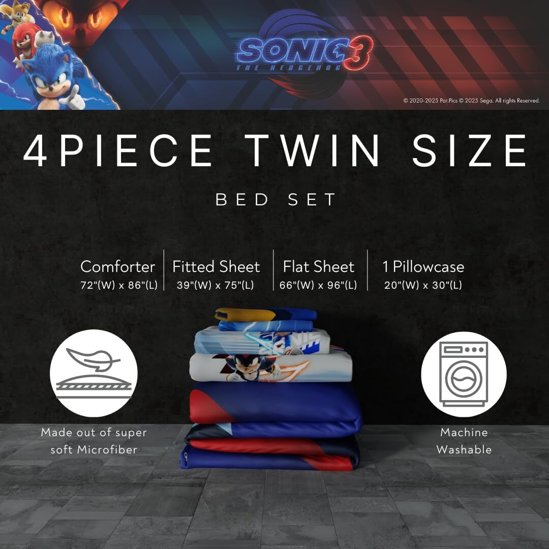 Franco Sonic The Hedgehog 3 Kids Bedding Super Soft Comforter And Sheet Set  5 Piece Full Size  (Officially Licensed Product)