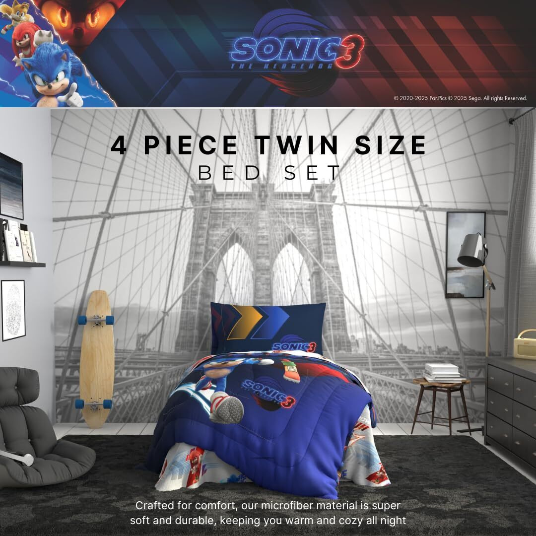 Franco Sonic The Hedgehog 3 Kids Bedding Super Soft Comforter And Sheet Set  5 Piece Full Size  (Officially Licensed Product)