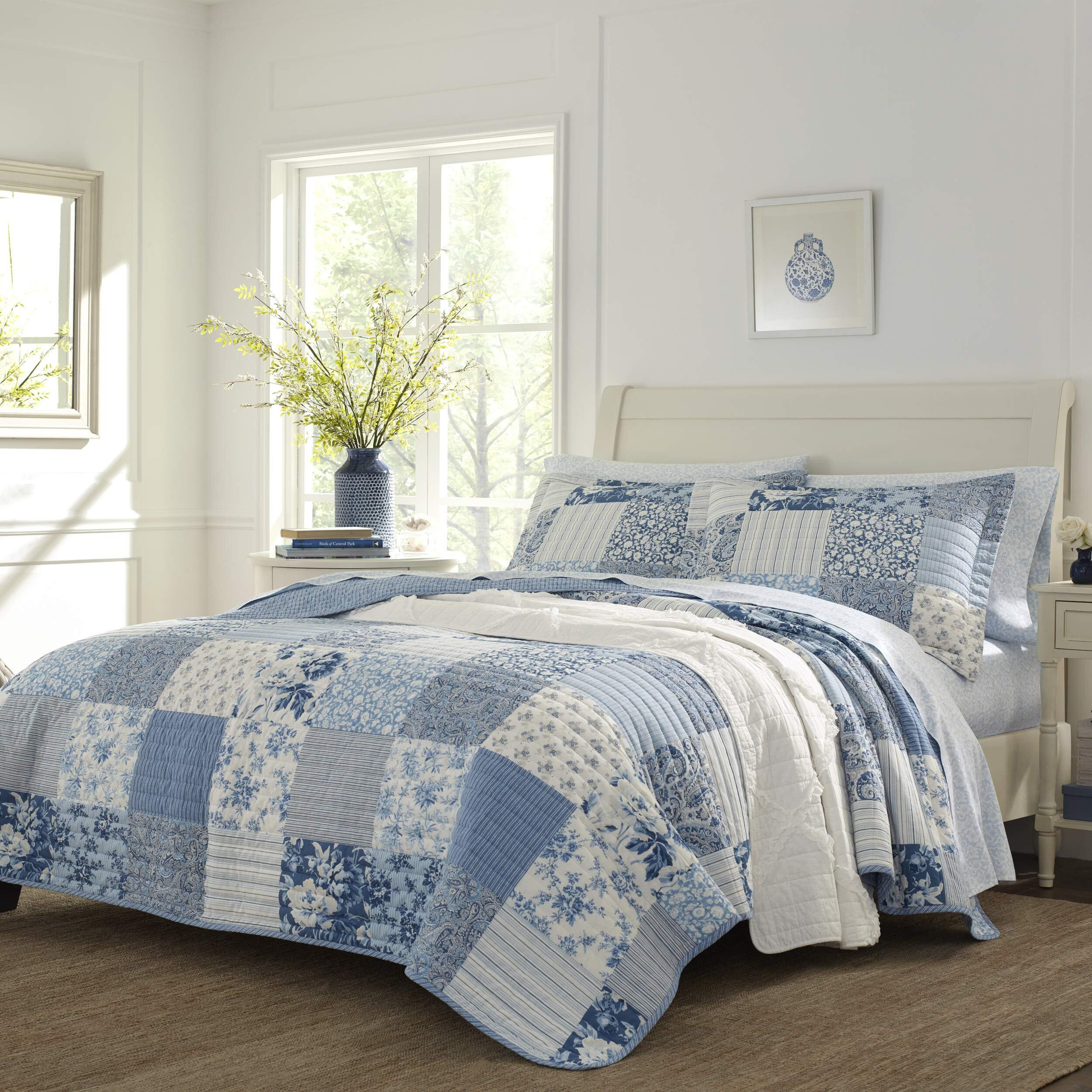 Laura Ashley - King Quilt Set  Reversible Cotton Bedding With Matching Shams  Farmhouse Inspired Home Decor (Paisley Printed Patchwork Blue  King)