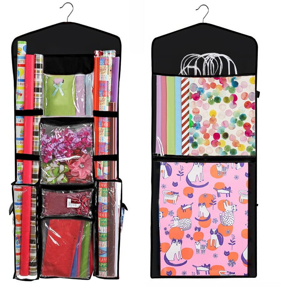 Hanging Gift Wrapping Paper Storage Organizer Bag  Double Sided Multiple Front & Back Pockets Organize Your Gift Wrap  Full Black  1 Count (Pack Of 1)
