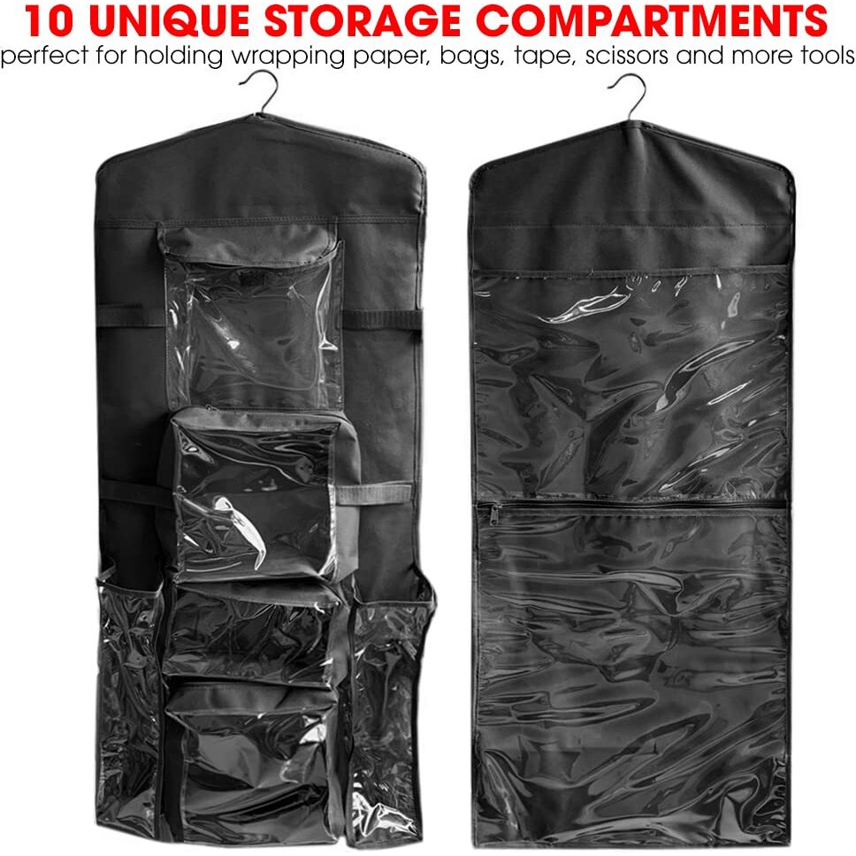 Hanging Gift Wrapping Paper Storage Organizer Bag  Double Sided Multiple Front & Back Pockets Organize Your Gift Wrap  Full Black  1 Count (Pack Of 1)