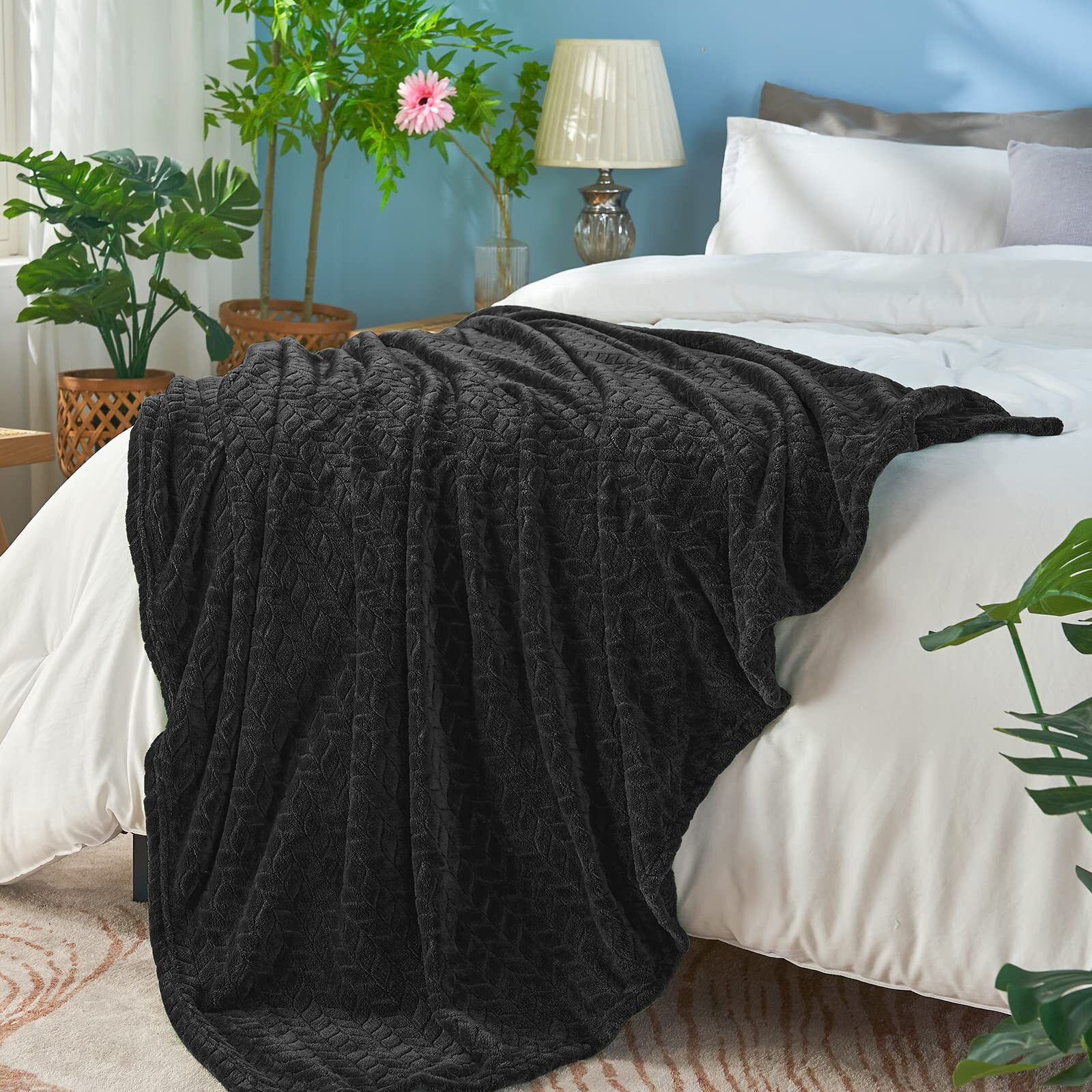 Inhand Black Fleece Twin Blanket  Super Soft Flannel Cozy Blankets For Adults  Lightweight Leaves Pattern Fuzzy Blanket For Couch Sofa Bed Office  Warm Plush Blankets For All Season  60X90 Inches