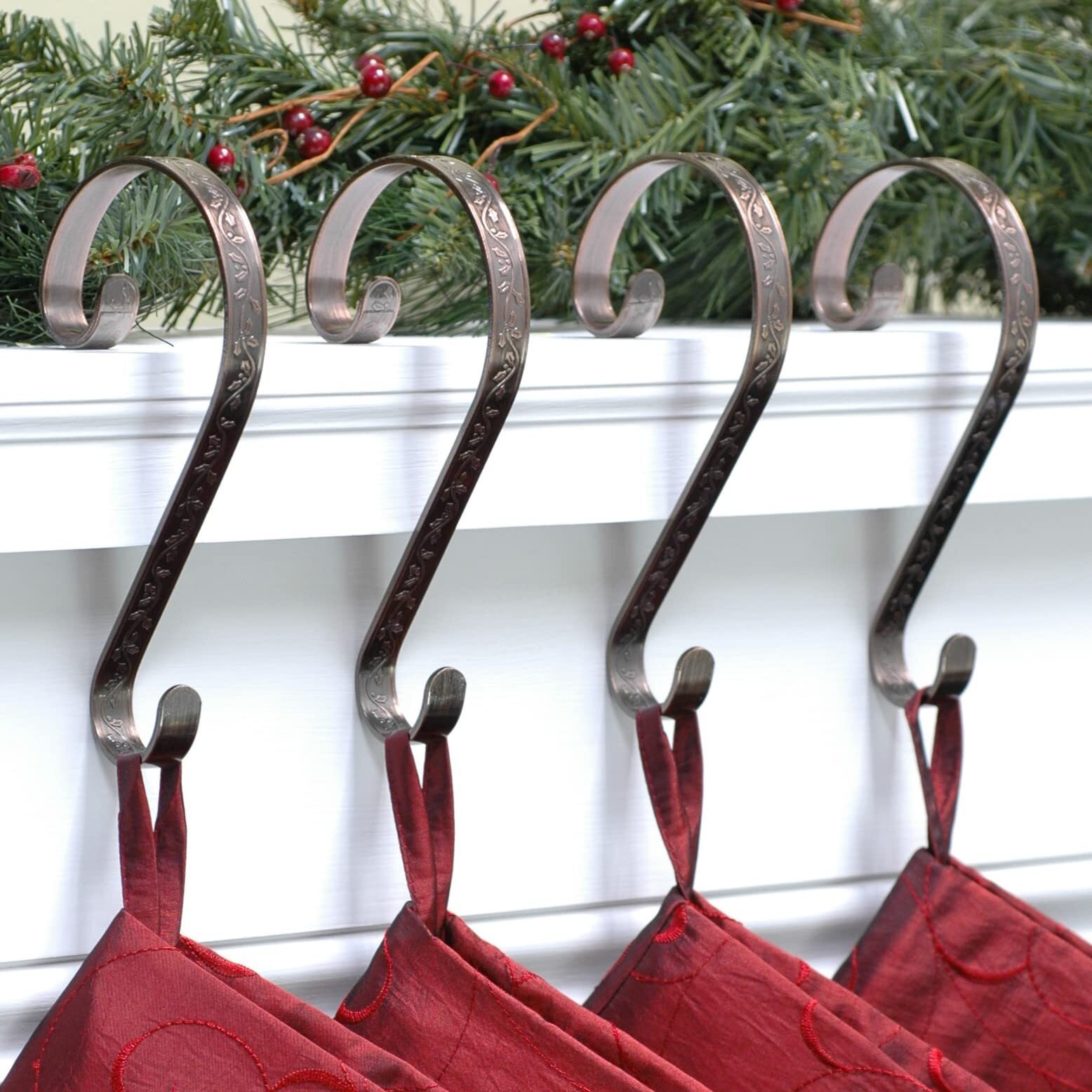 Haute Decor Stocking Scrolls Stocking Hanger- 4 Pack Embossed Holly (Oil-Rubbed Bronze)