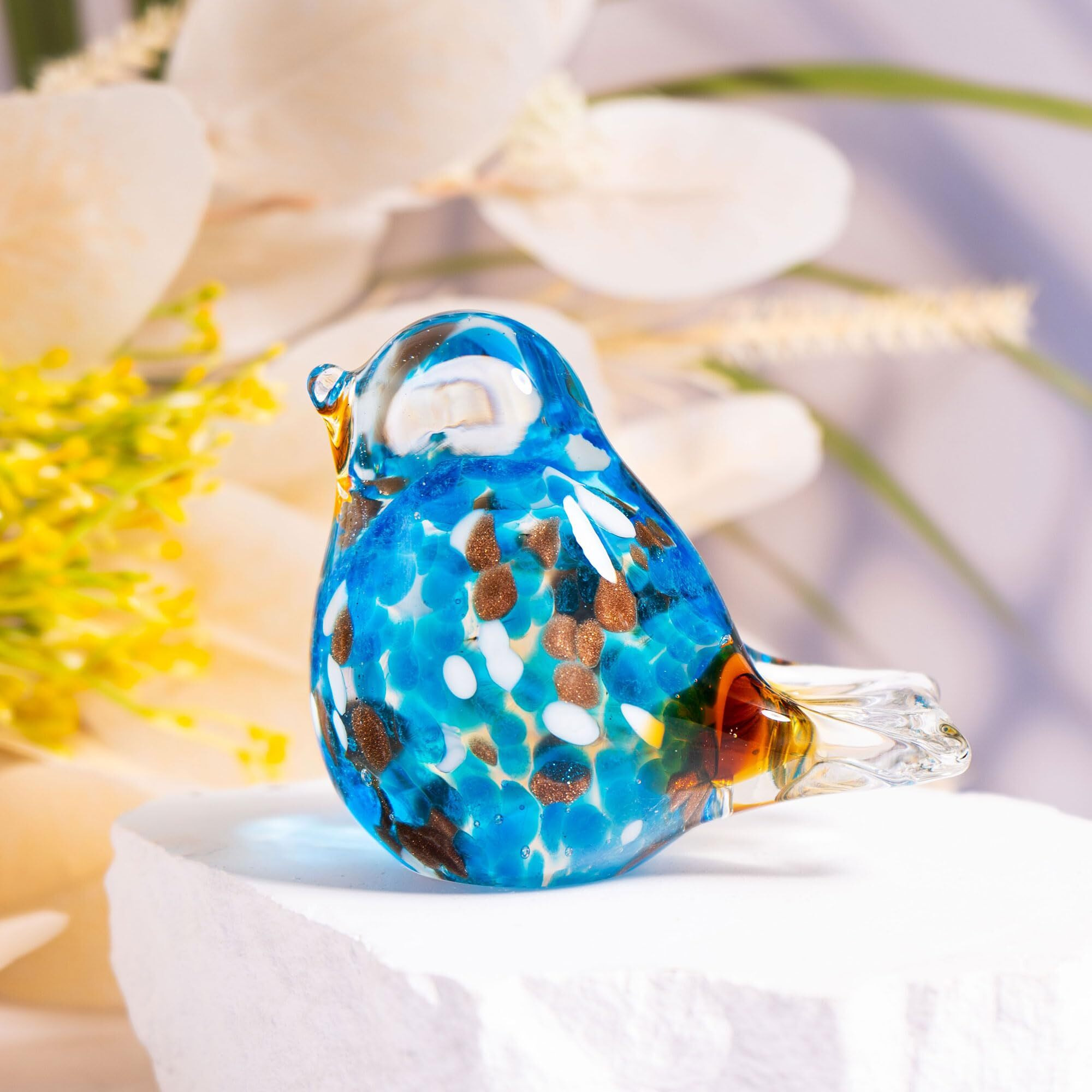 Hand Blown Glass Blue Bird Handmade Crystal Bird Figurine Glass Blue Bird With Brown Tail Statue Glass Birds Sculpture Decorative Ornaments For Home Decor Birthday Present Women Gift Of Happiness