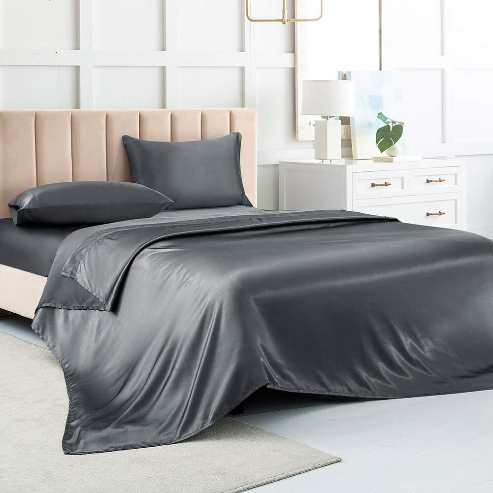 Satin Bed Sheets King Size Sheets  Grey Silk Sheets  4 - Pieces Soft Bedding Set With 1 Deep Pocket Fitted Sheet 1 Flat Sheet 2 Pillowcase