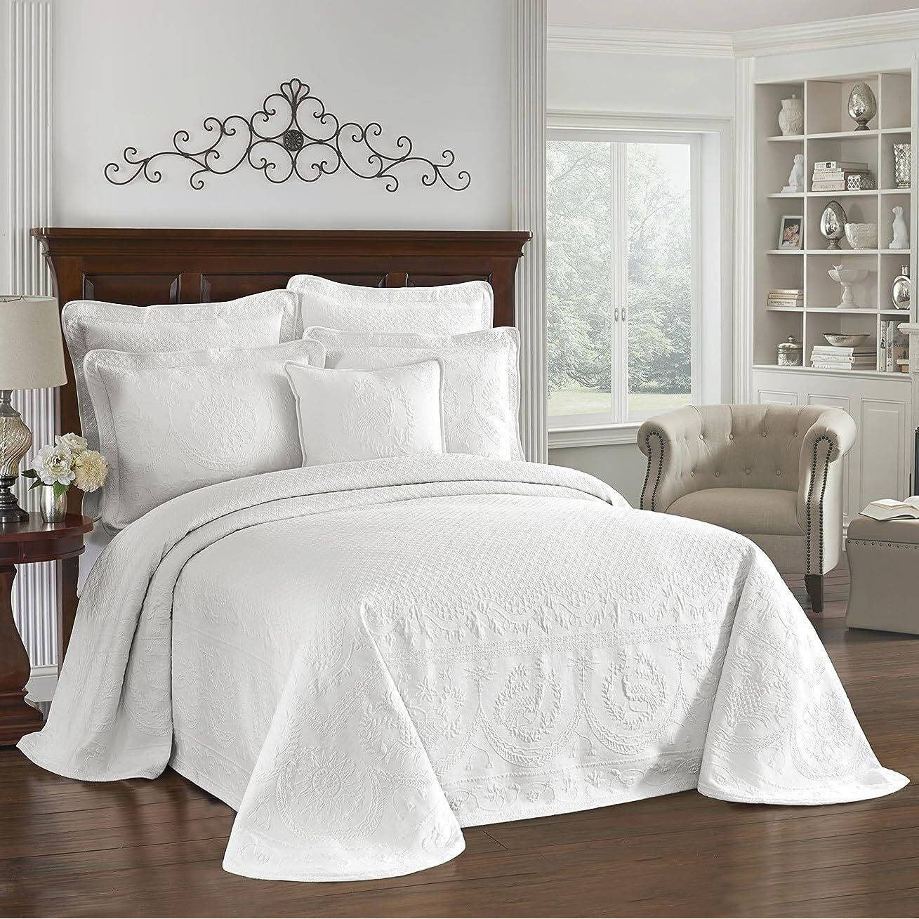 Historic Charleston Bedspreads Coverlet - King Charles Collection 120"" X 114"" Size 100% Cotton Oversized Matelasse Bed Spread  King/Cal King  White