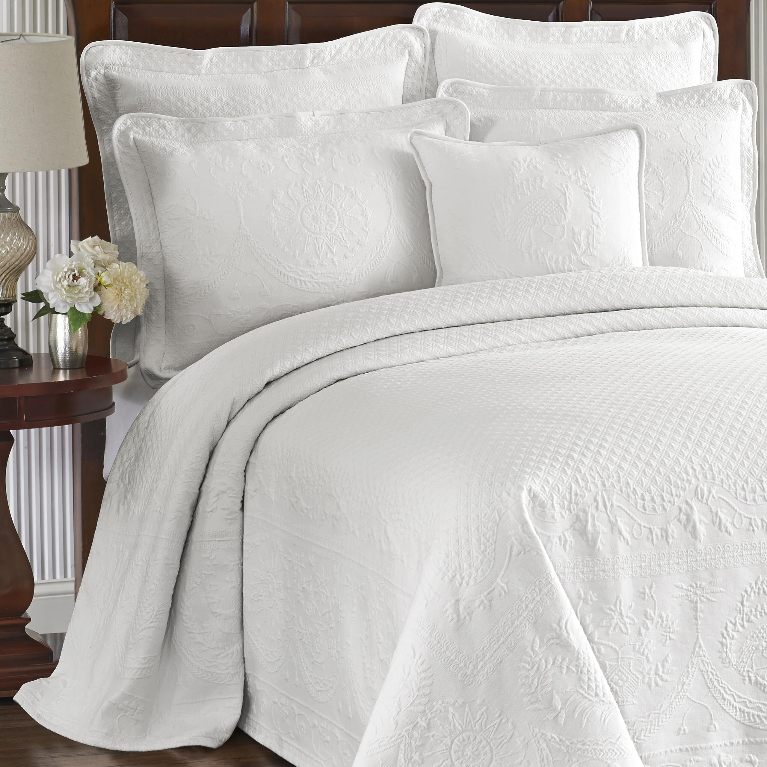 Historic Charleston Bedspreads Coverlet - King Charles Collection 120"" X 114"" Size 100% Cotton Oversized Matelasse Bed Spread  King/Cal King  White