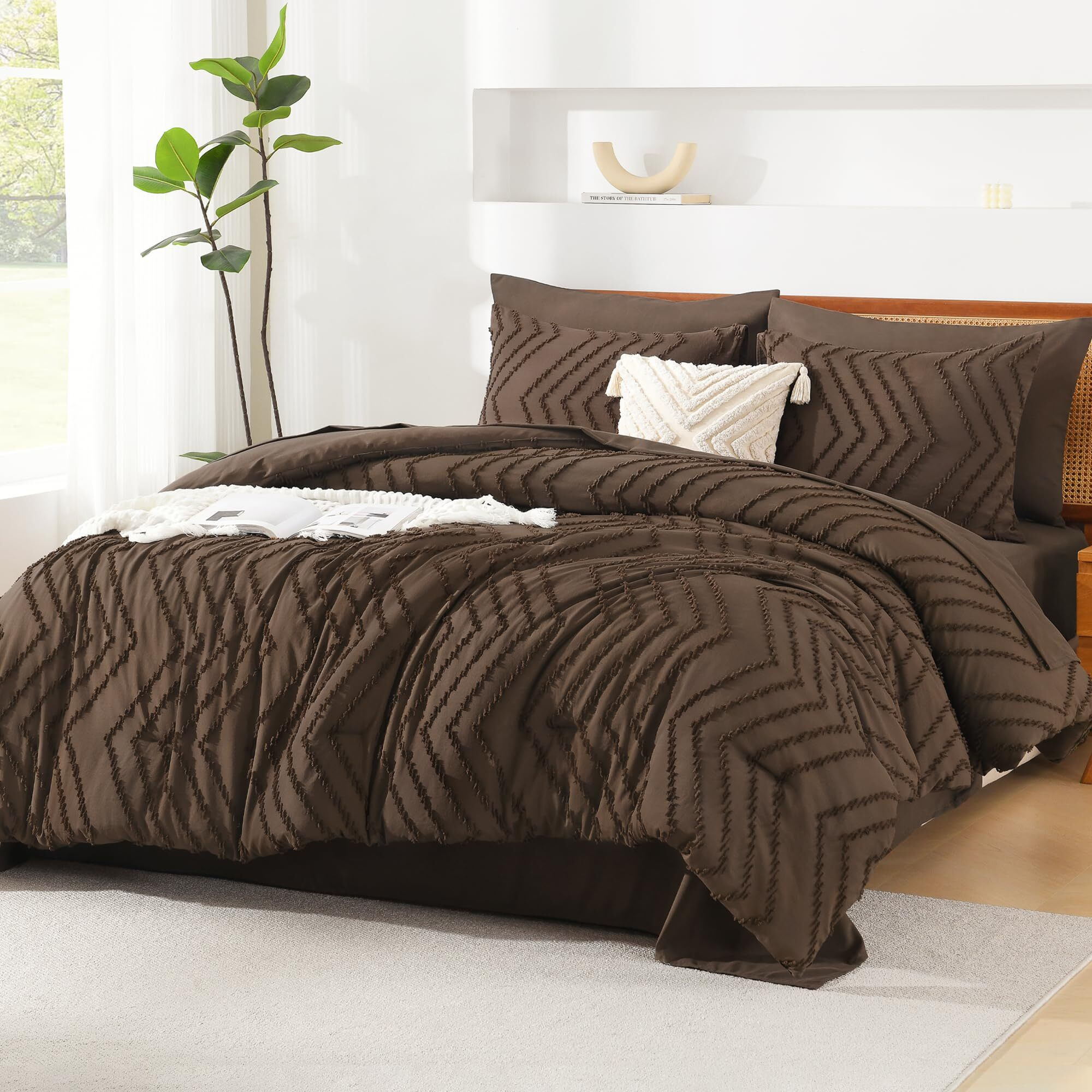 Litanika King Size Comforter Set With Sheets Brown - 7 Pieces Bed In A Bag King Chevron Tufted Complete Beddding Sets With Comforter  Sheets  Pillowcases & Shams