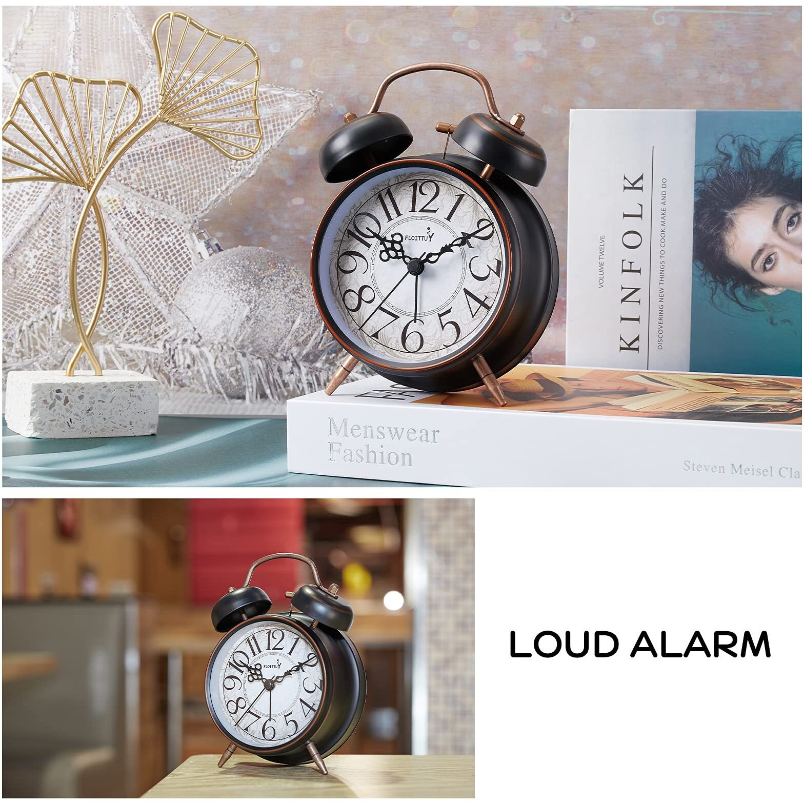 Floittuy Loud Alarm For Deep Sleepers 4'' Retro Twin Bell Alarm Clock With Backlight For Bedroom And Home Decoration(Retro Black)