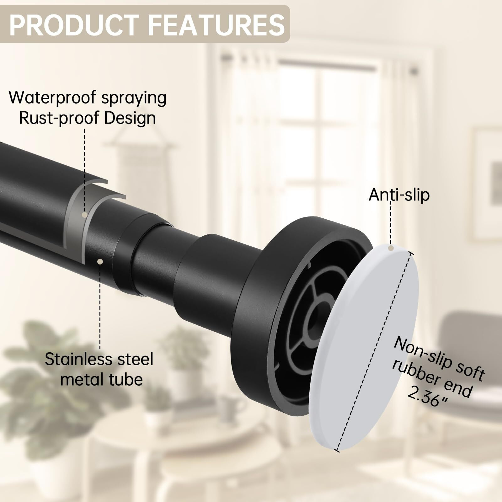 Briofox Shower Curtain Rod Adjustable 18-64 Inch  Stainless Steel Spring Tension Shower Rod No Drilling Non Slip  Matte Black