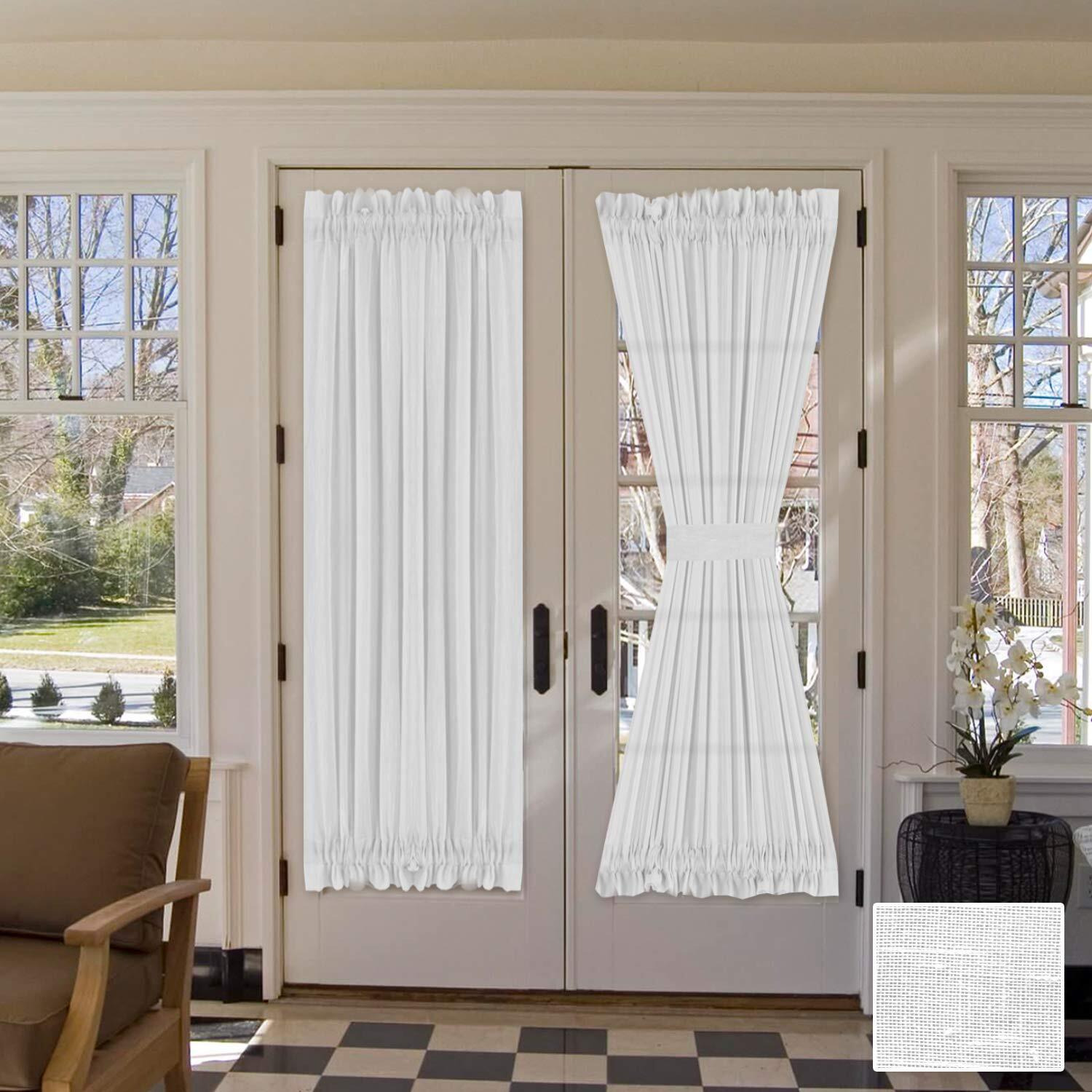 H.Versailtex Linen French Door Curtains Privacy Light Reducing Door Curtain With Tieback | Rod Pocket Curtain 1 Panel For Glass Door Feature Open Weave Textured Linen - 52"&quotW X 72"&quotL - White