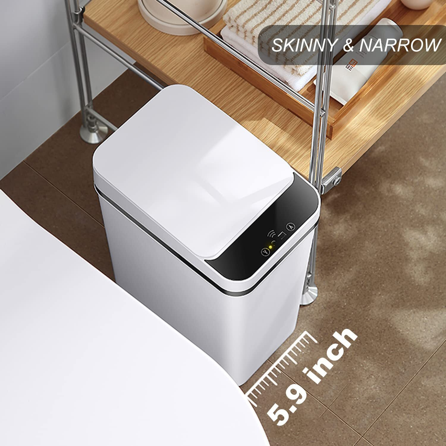 Yatmung 2.5 Gallon Smart Trash Can Sensor Motion - Touchless Bathroom Trash Can - Skinny Trash Bin With Lid - Electric  Narrow  Plastic  Auto Open - Small Slim Automatic Garbage Can (White)