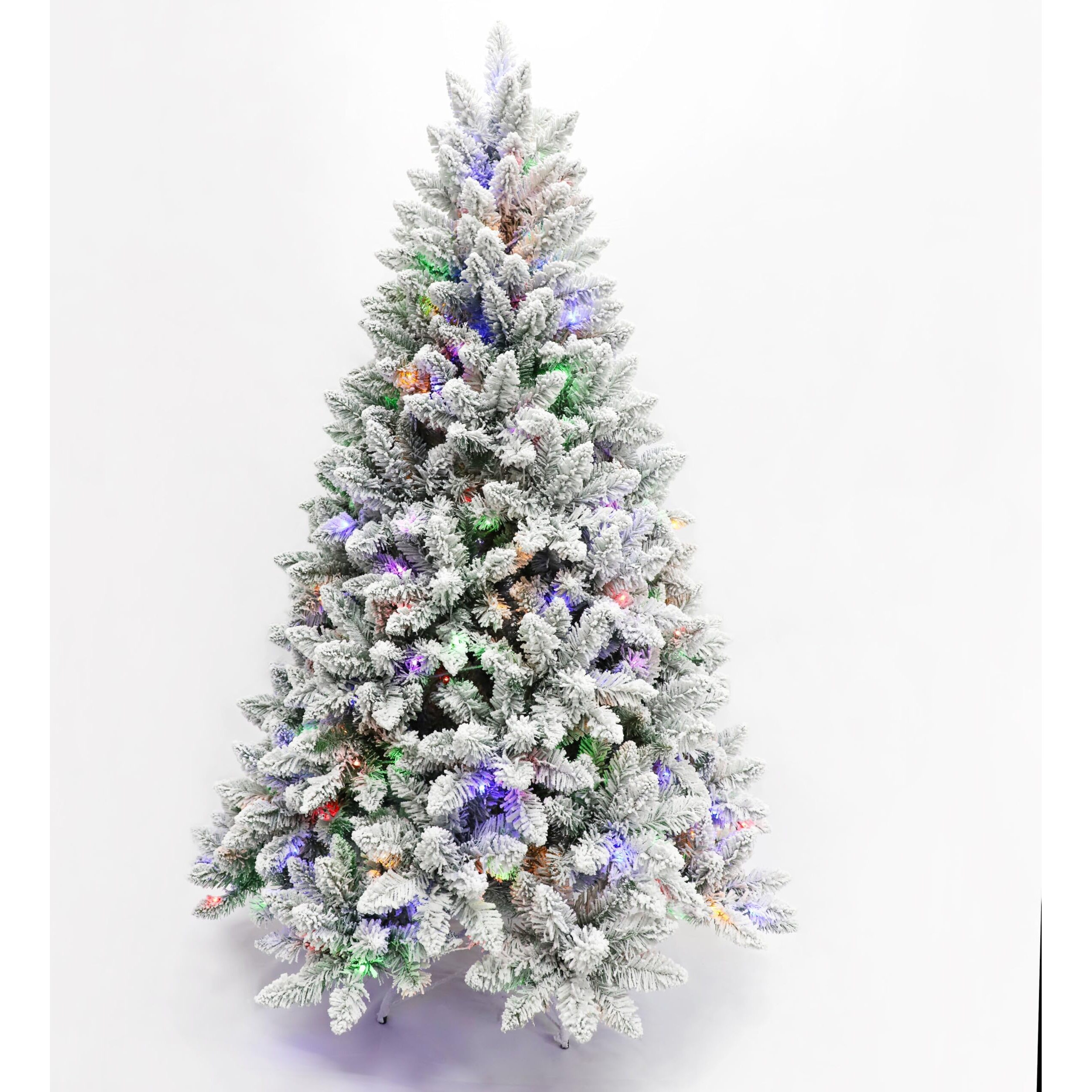 Pre-Lit Christmas Tree Artificial Snow Flocked Pine Tree Warm-White & Multicolored Lights  8 Mode Functions Metal Base Home  Party Decoration 5Ft