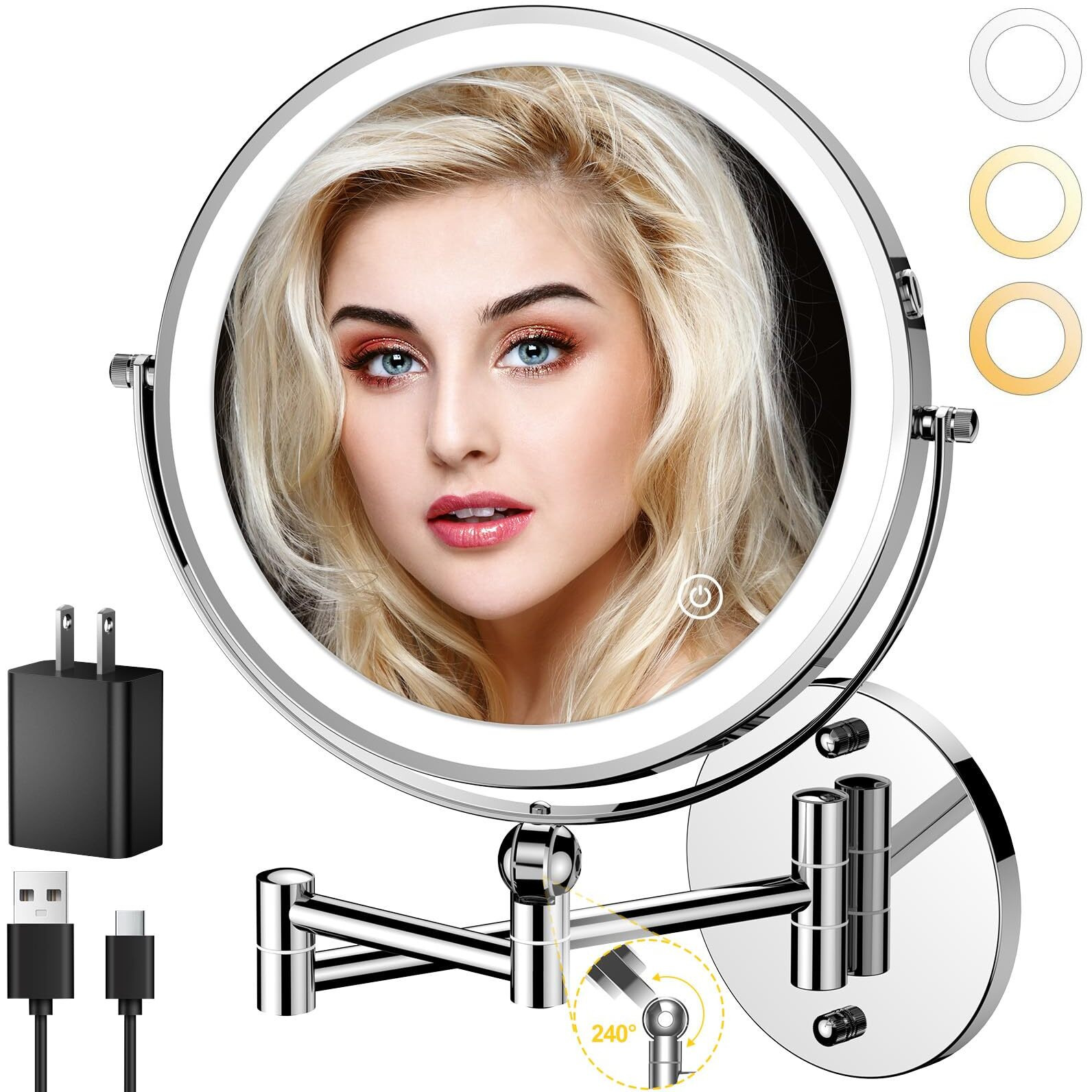 Zlokla 9"" Wall Mounted Lighted Makeup Mirror 4000Mah Rechargeable Double Sided 1X/10X Magnifying Mirror With Light Touch Dimmable Extended Arm 360 Rotation Wall Mounted Makeup Mirror 3 Color Lights
