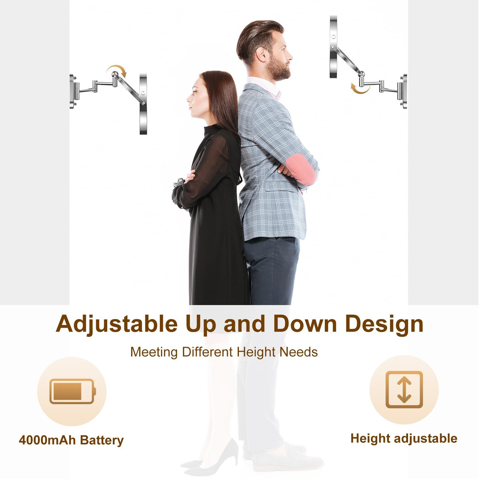 Zlokla 9"" Wall Mounted Lighted Makeup Mirror 4000Mah Rechargeable Double Sided 1X/10X Magnifying Mirror With Light Touch Dimmable Extended Arm 360 Rotation Wall Mounted Makeup Mirror 3 Color Lights