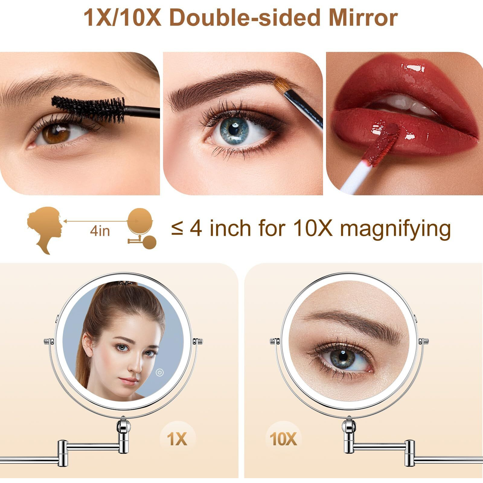 Zlokla 9"" Wall Mounted Lighted Makeup Mirror 4000Mah Rechargeable Double Sided 1X/10X Magnifying Mirror With Light Touch Dimmable Extended Arm 360 Rotation Wall Mounted Makeup Mirror 3 Color Lights