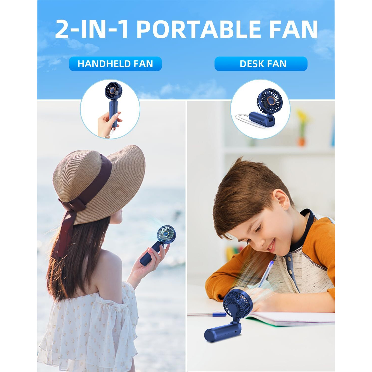 Hssio Portable Mini Fan  Handheld Fan  Small Desk Fan 180 Adjustable  3-8 Hours Working Time  3 Speeds  2000Mah Battery Operated Fan Usb Rechargeable For Indoor Outdoor Travel