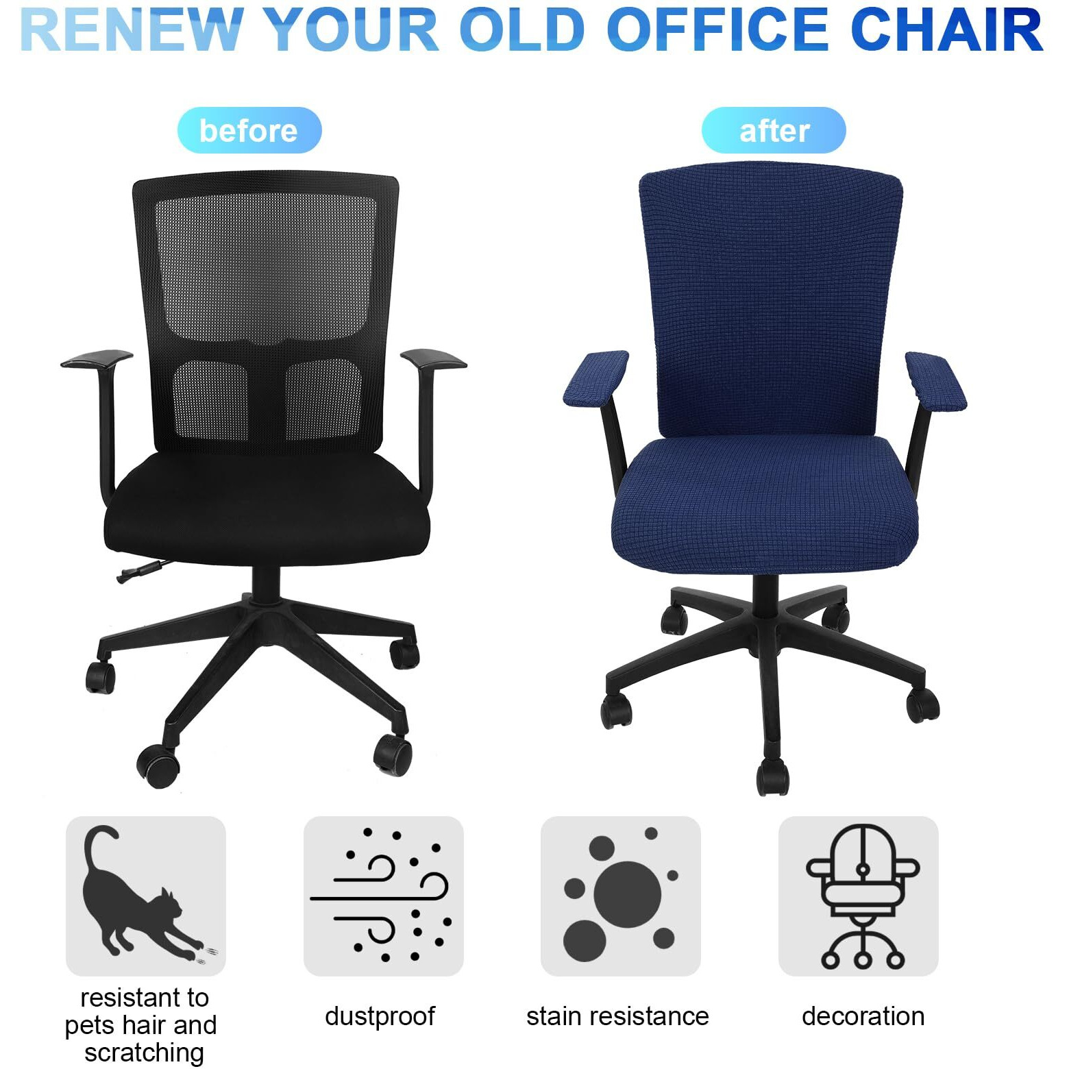 Tallew 4 Pcs Office Chair Covers Set Computer Universal Protective Stretchable Chair Seat Covers Desk Chair Armrest Covers Slipcovers Pads Office Cushion Backrest For Rotating Chairs(Navy)