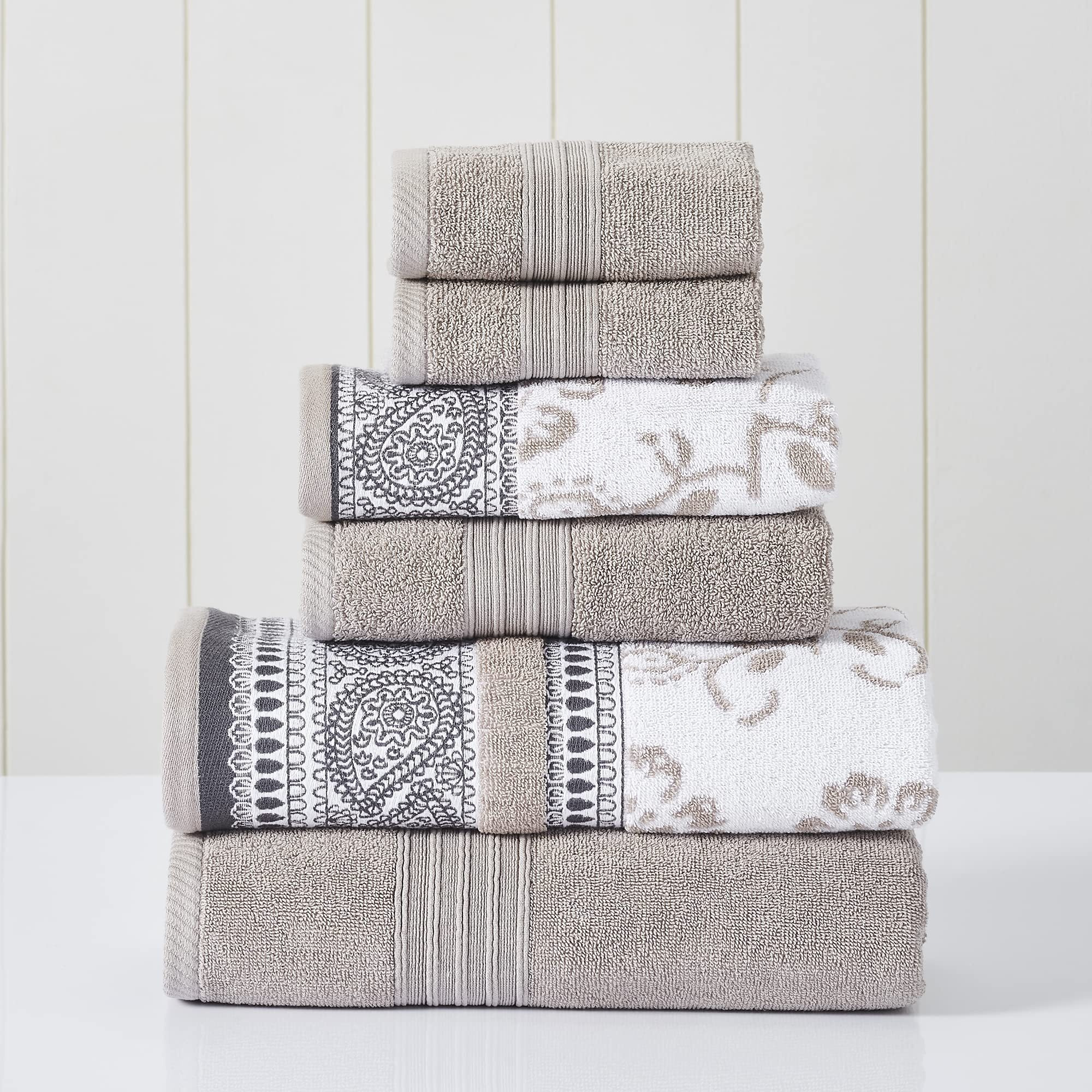Modern Threads 6 Piece Set  2 Bath Towels  2 Hand Towels  2 Washcloths Yarn Dyed Jacquard/Solid Towel Set Ophelia Fawn