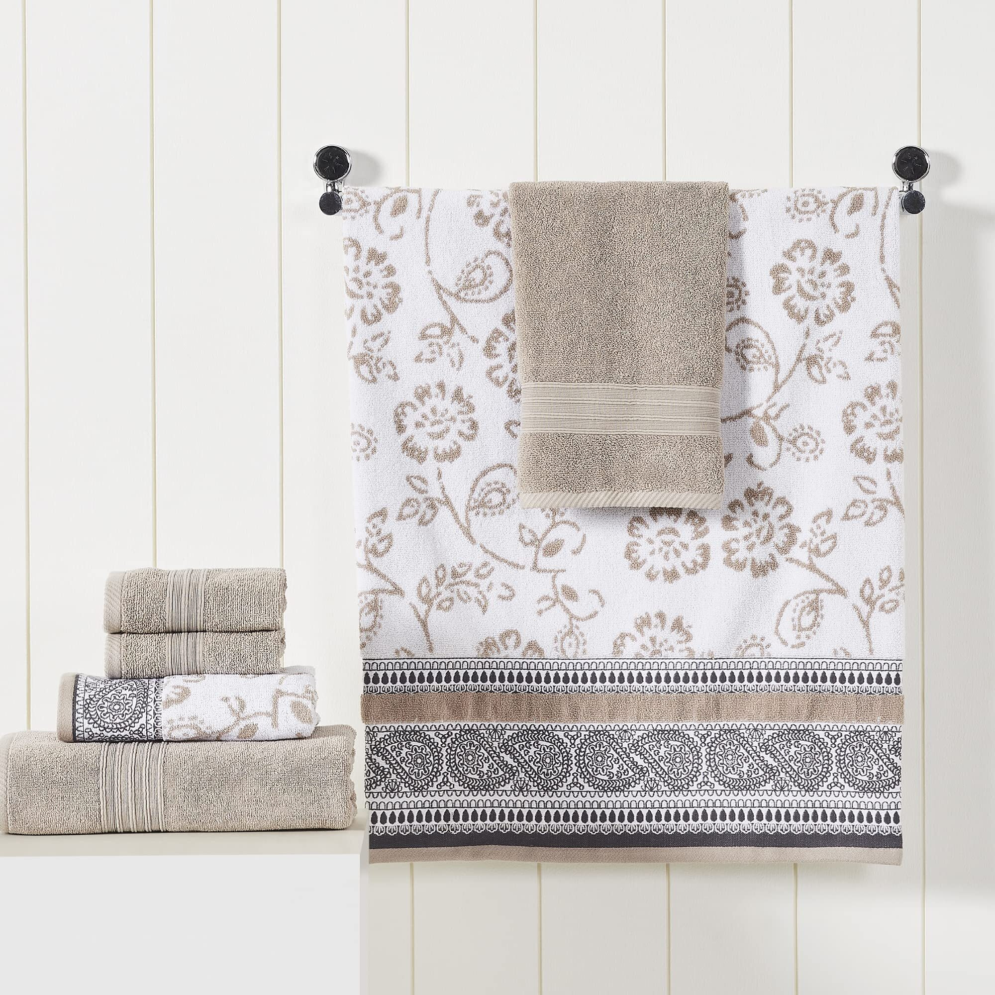 Modern Threads 6 Piece Set  2 Bath Towels  2 Hand Towels  2 Washcloths Yarn Dyed Jacquard/Solid Towel Set Ophelia Fawn
