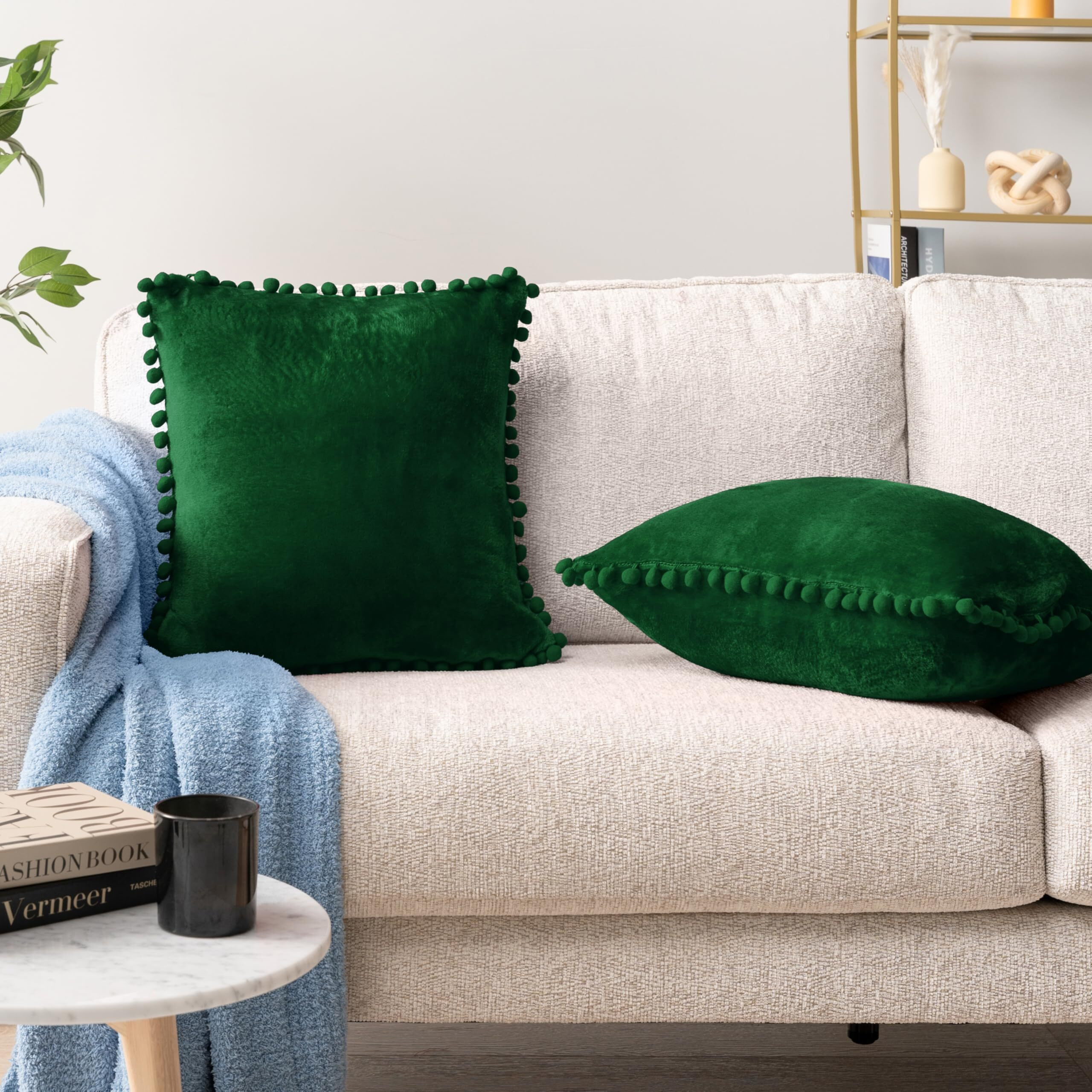 Pavilia Emerald Green Throw Pillow Covers With Pom Pom 20X20 Set Of 2  Decorative Pillow Cases For Bedroom Aesthetic  Small Throw Pillows Set For Bed  Velvet Euro Plush Cushion Covers For Sofa Couch