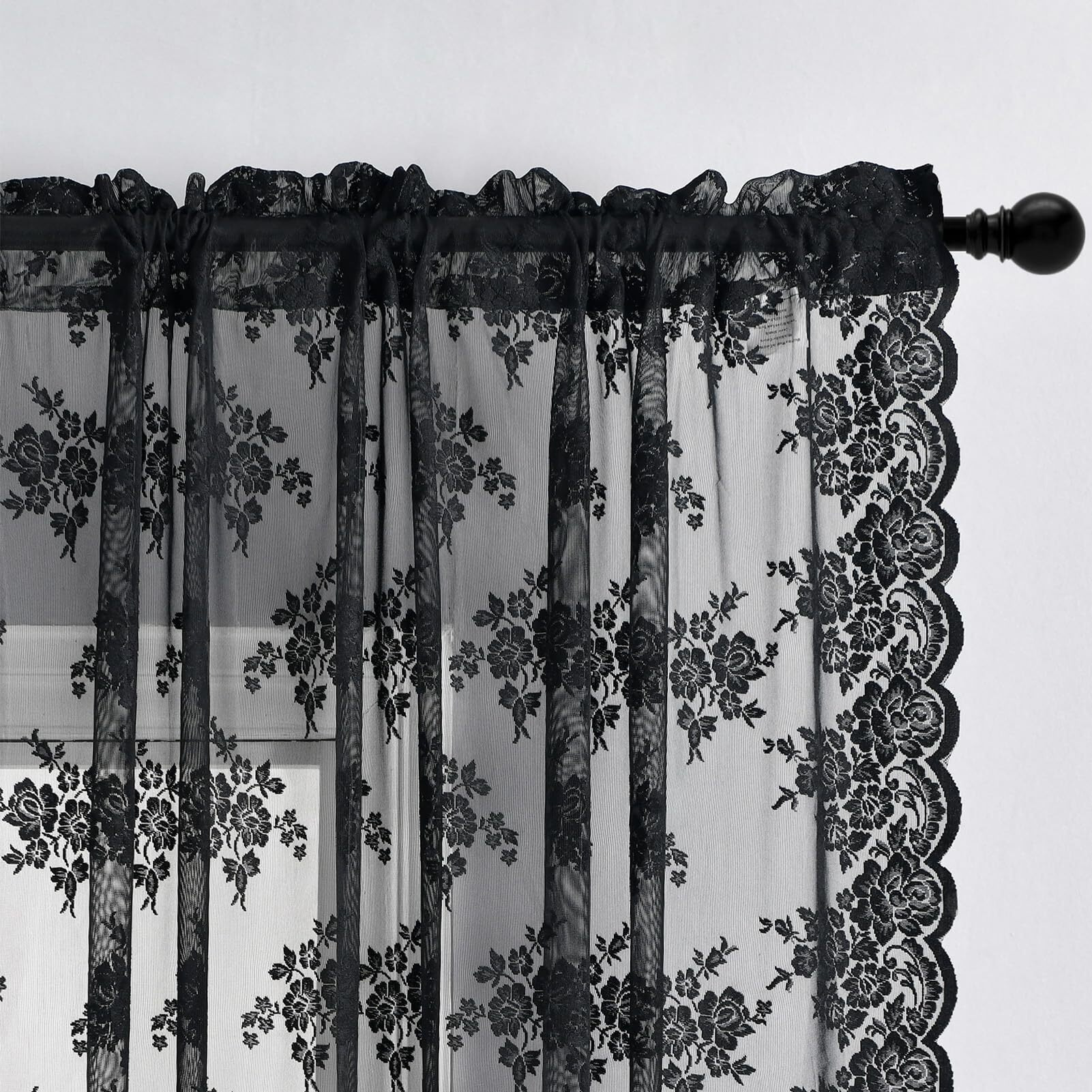 Kotile Short Black Lace Curtains 36 Inch Length 2 Panels  Country Rustic Floral Goth Floral Sheer Curtains For Small Window  Rod Pocket Privacy Lace Cafe Curtains  42 X 36 Inch Each  1 Pair  Black