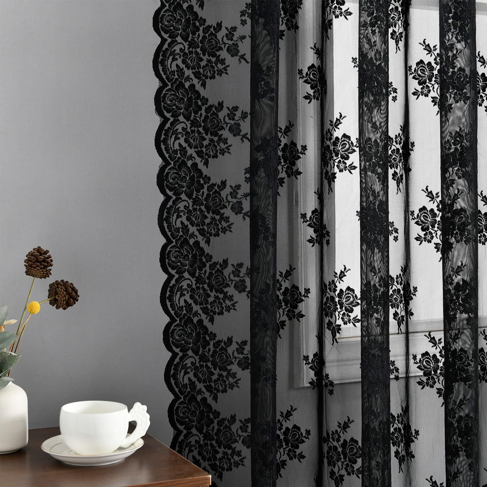 Kotile Short Black Lace Curtains 36 Inch Length 2 Panels  Country Rustic Floral Goth Floral Sheer Curtains For Small Window  Rod Pocket Privacy Lace Cafe Curtains  42 X 36 Inch Each  1 Pair  Black