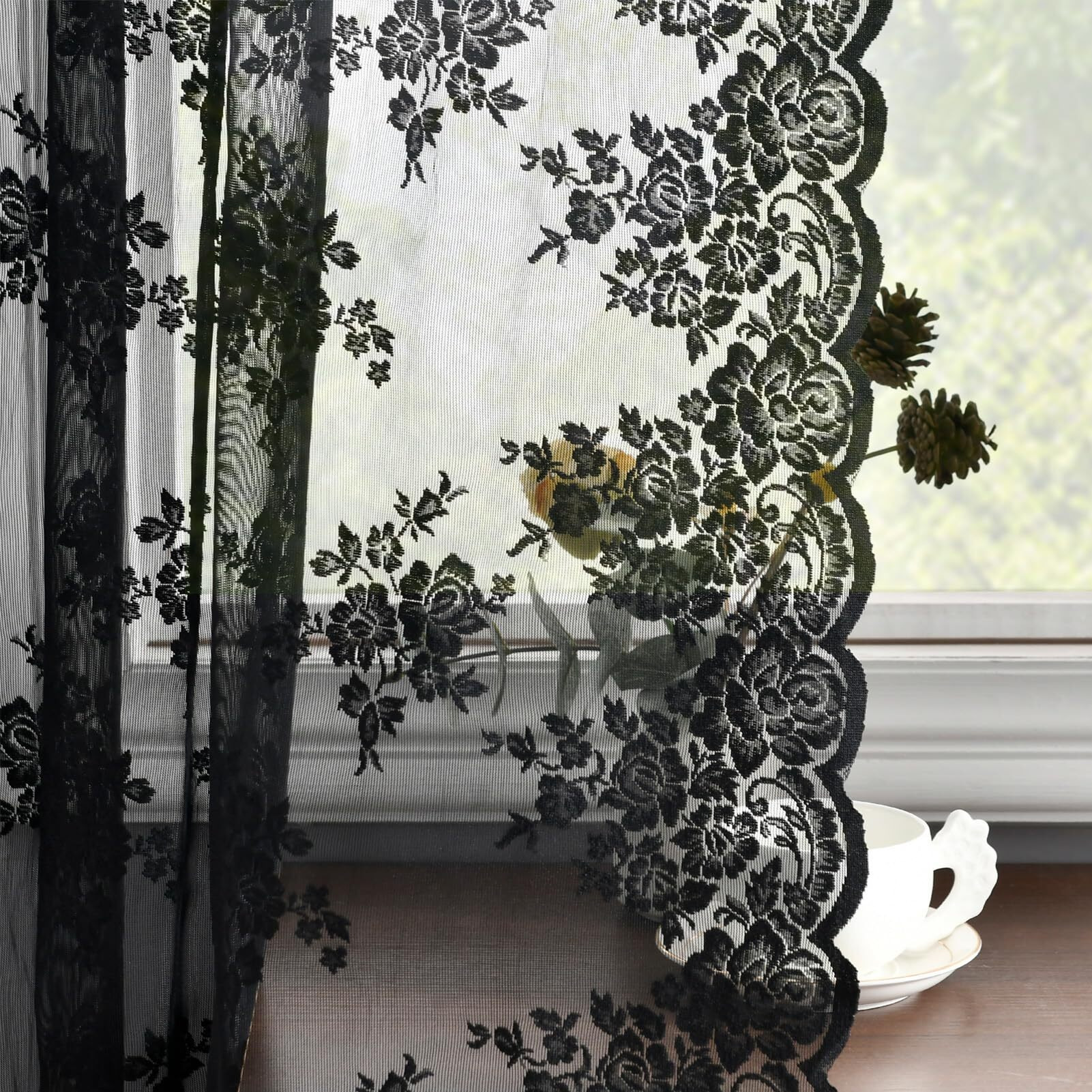 Kotile Short Black Lace Curtains 36 Inch Length 2 Panels  Country Rustic Floral Goth Floral Sheer Curtains For Small Window  Rod Pocket Privacy Lace Cafe Curtains  42 X 36 Inch Each  1 Pair  Black