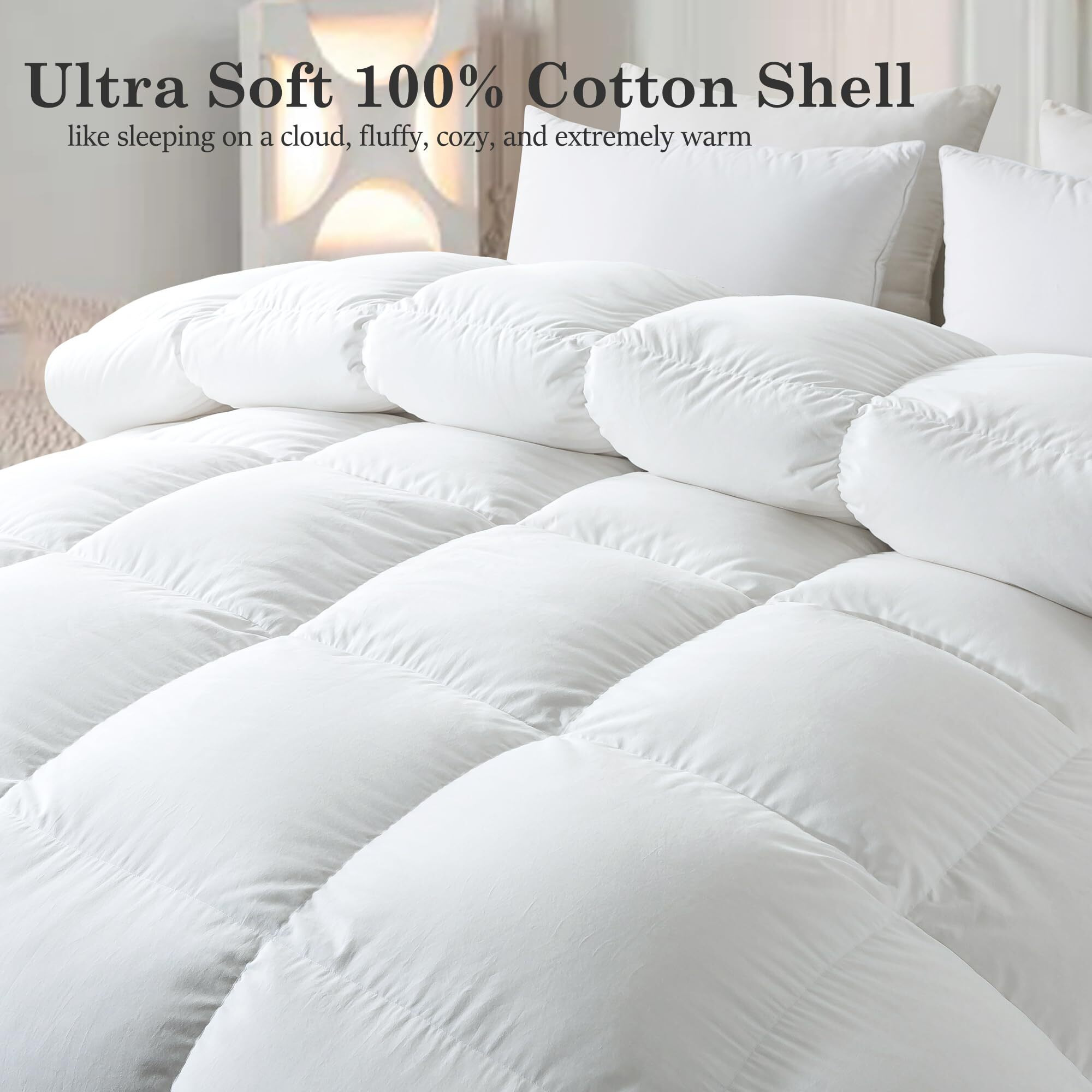 Elnido Queen Feather Comforter Twin Size  Filled With Feather And Downfiber  All Season White Fluffy Duvet Insert - Luxury Hotel Style Medium Warm Bed Comforter - 100% Cotton Cover  68X90 Inches