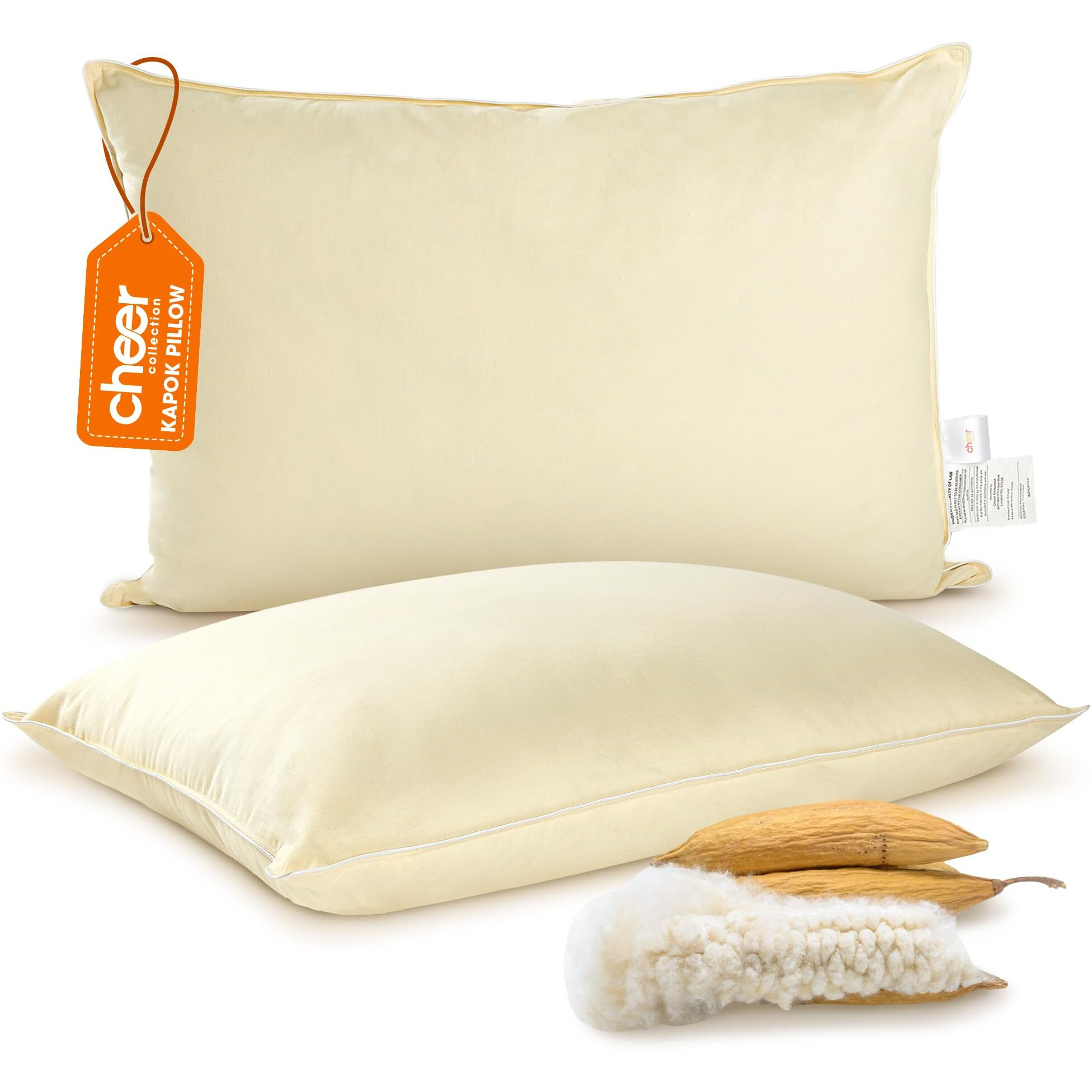 Cheer Collection Set Of 2 Organic Kapok Bed Pillows  Natural Kapok Fiber Filled Sleeping Pillows With Breathable Cotton Shell  Standard Size  20 X 28 Inches