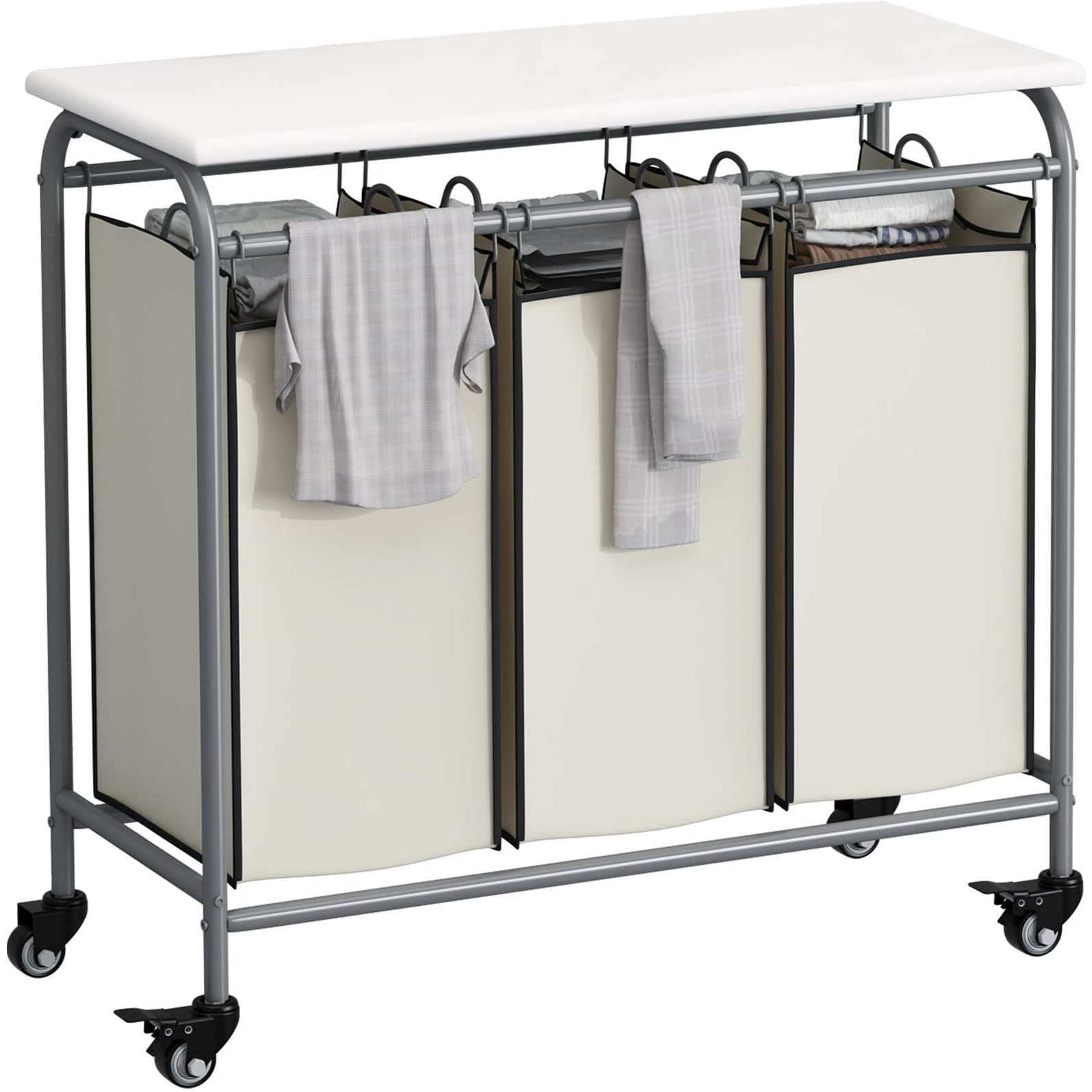 Linzinar 3 Bag Laundry Basket Sorter Heavy Duty Rolling Lockable Wheels Laundry Hamper Cart With Ironing Board And Removable Bags  Black