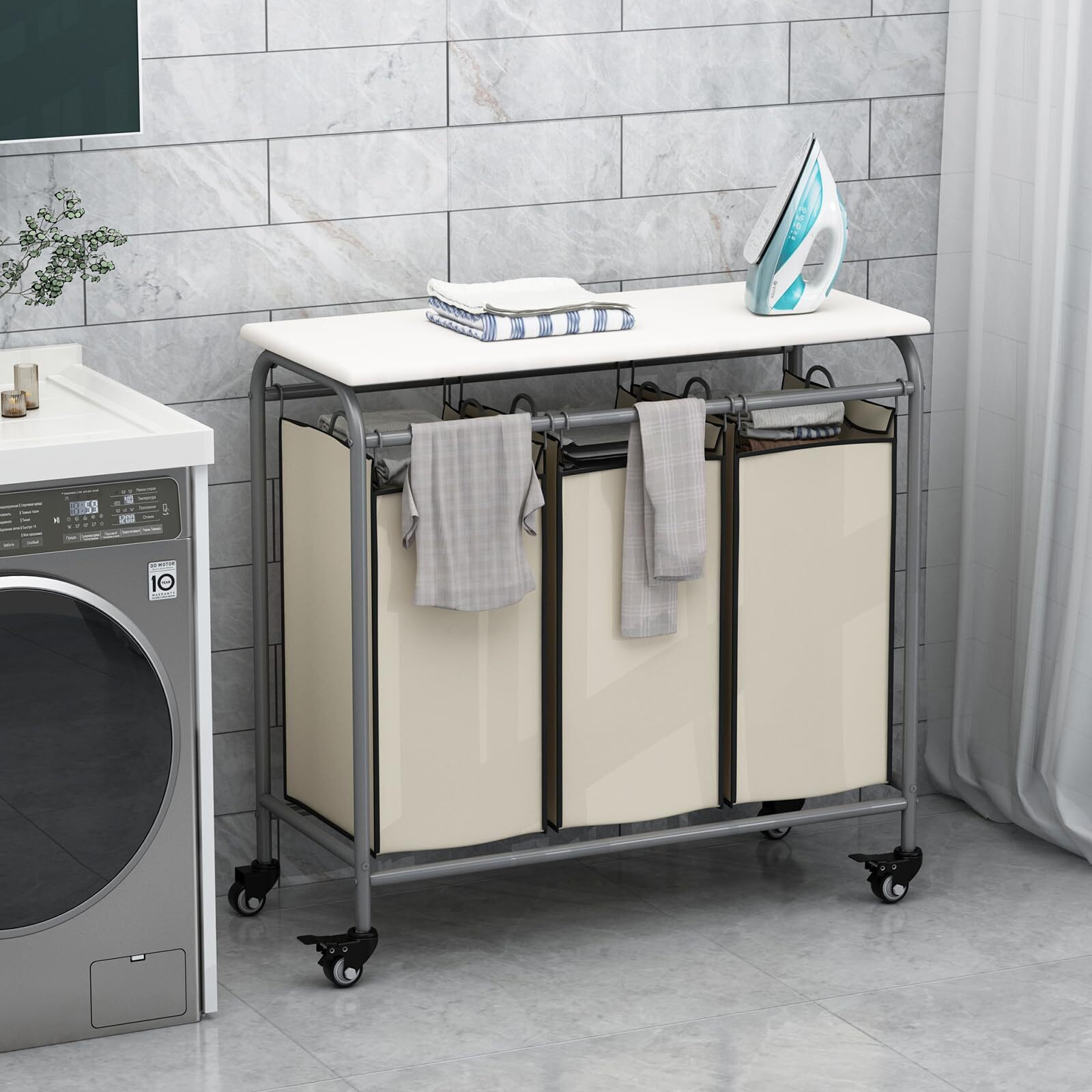 Linzinar 3 Bag Laundry Basket Sorter Heavy Duty Rolling Lockable Wheels Laundry Hamper Cart With Ironing Board And Removable Bags  Black