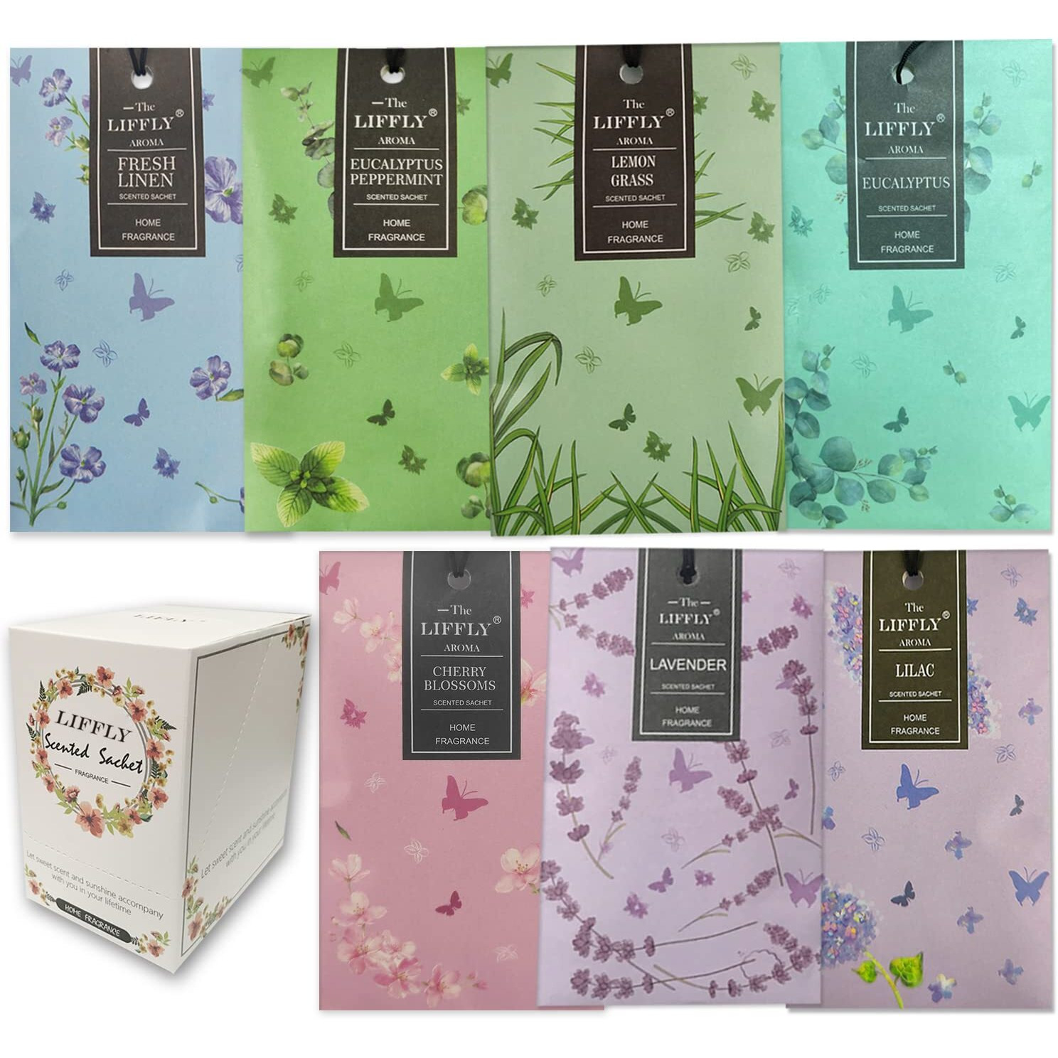 Liffly 14 Packs Scented Sachets Bags For Drawers And Closets Long-Lasting Home Fragrance Sachet Lavender Cherry Blossoms Lilac Fresh Linen Eucalyptus Peppermint Lemongrass 7 Scent Gift Box
