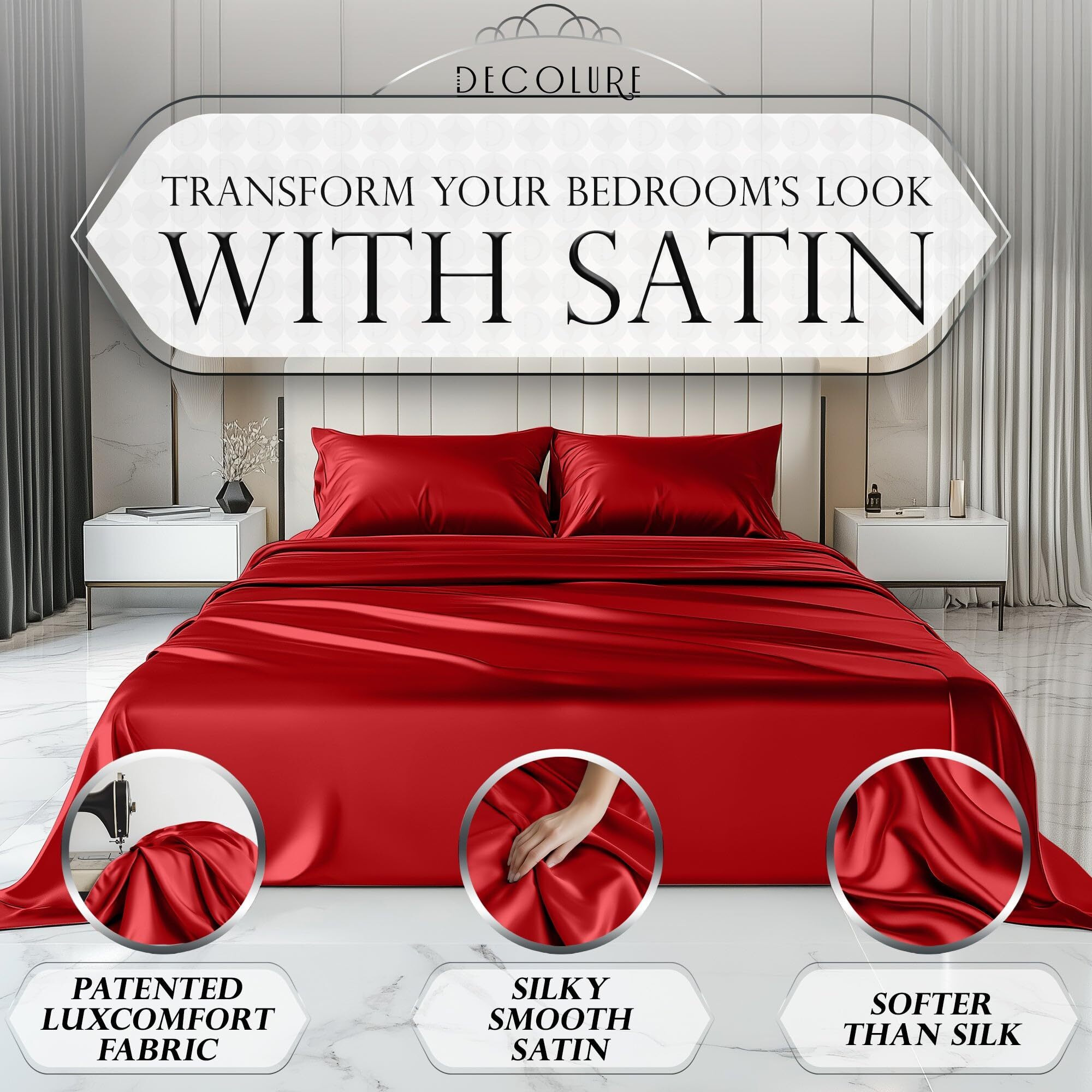 Decolure Satin Sheets King Size Set 4 Pcs - Silky & Luxuriously Soft Satin Bed Sheets W/ 15 Inch Deep Pocket - Similar To Silk Sheets - Double Stitching  Wrinkle Free (Red)