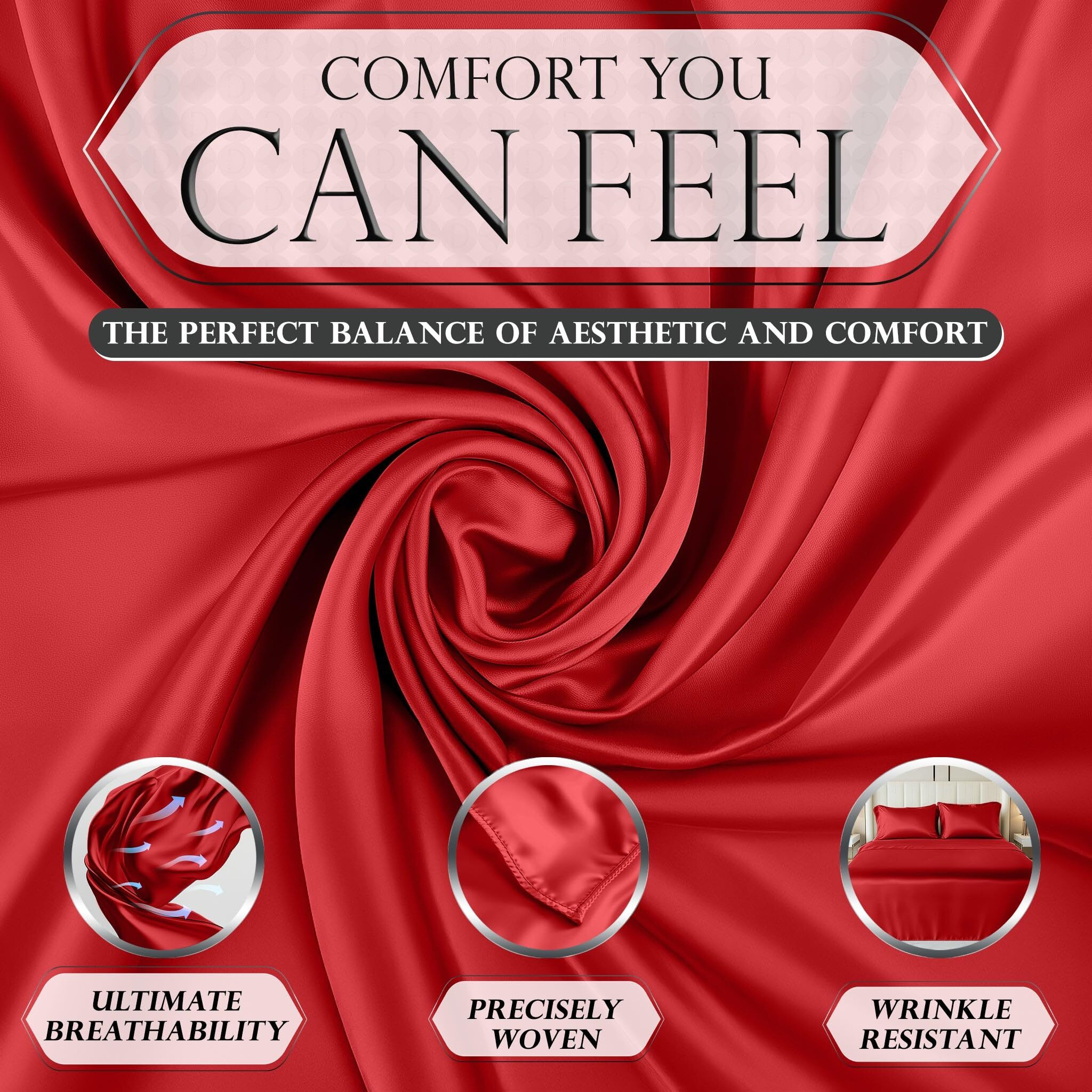 Decolure Satin Sheets King Size Set 4 Pcs - Silky & Luxuriously Soft Satin Bed Sheets W/ 15 Inch Deep Pocket - Similar To Silk Sheets - Double Stitching  Wrinkle Free (Red)