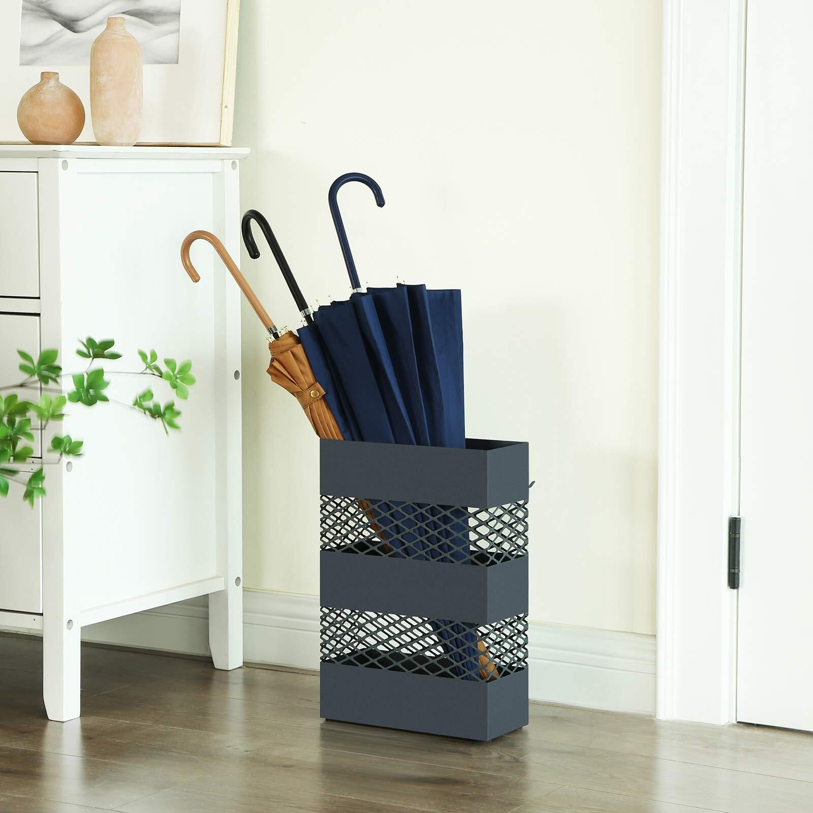 Songmics Umbrella Stand  Metal Umbrella Holder For Entryway  4.7 X 11 X 16.1 Inches  Rectangular With Water Tray  Openwork Design  Detachable Plastic Drip Tray  Anthracite Grey Uluc02Ag