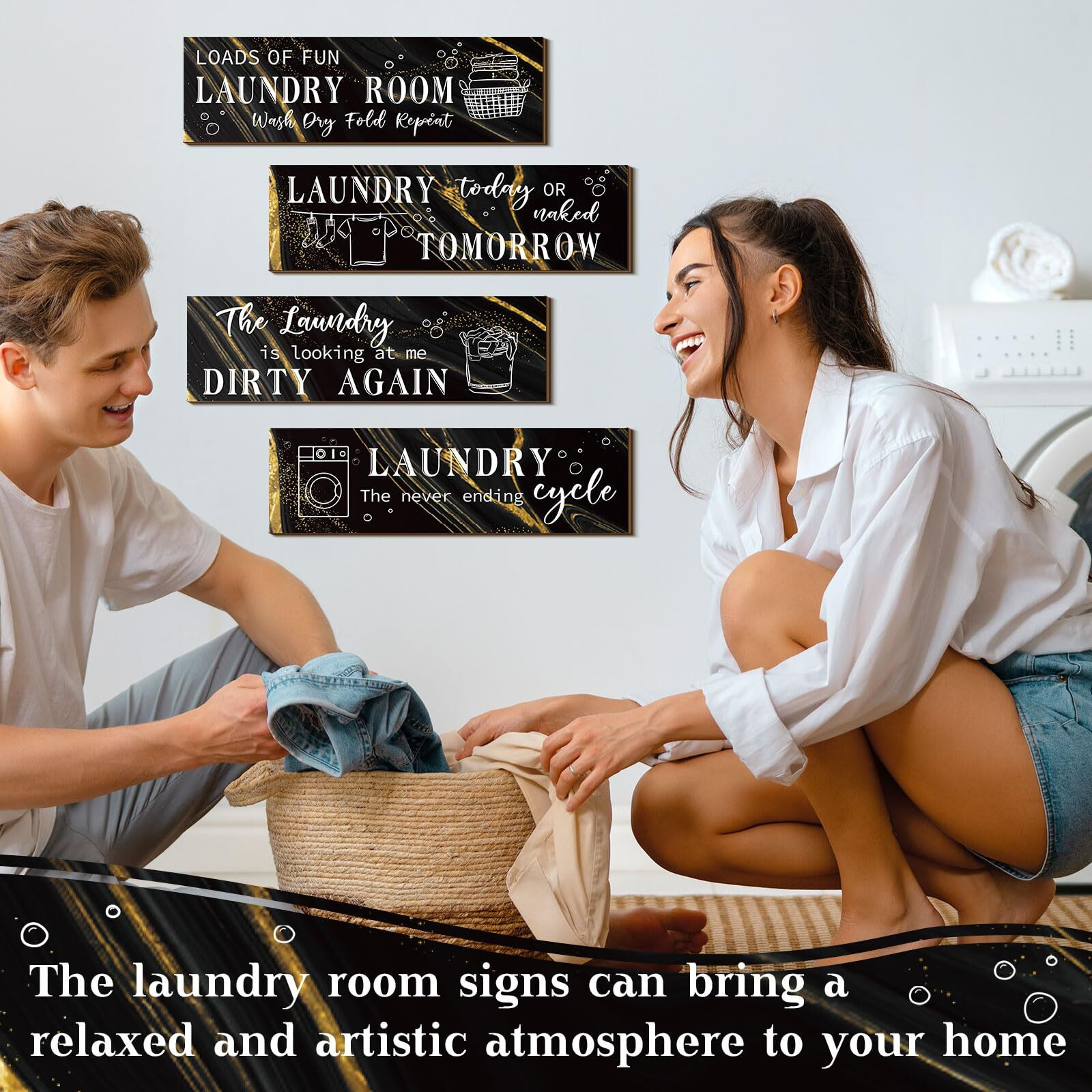 Laundry Room Decor Laundry Room Wooden Sign Funny Sign Wall Plaque Rustic Farmhouse Laundry Wall Decor Vintage Bathroom Wall Sign Laundry Rules Hanging Decor For Bathroom  4 Pieces (Marble Black)
