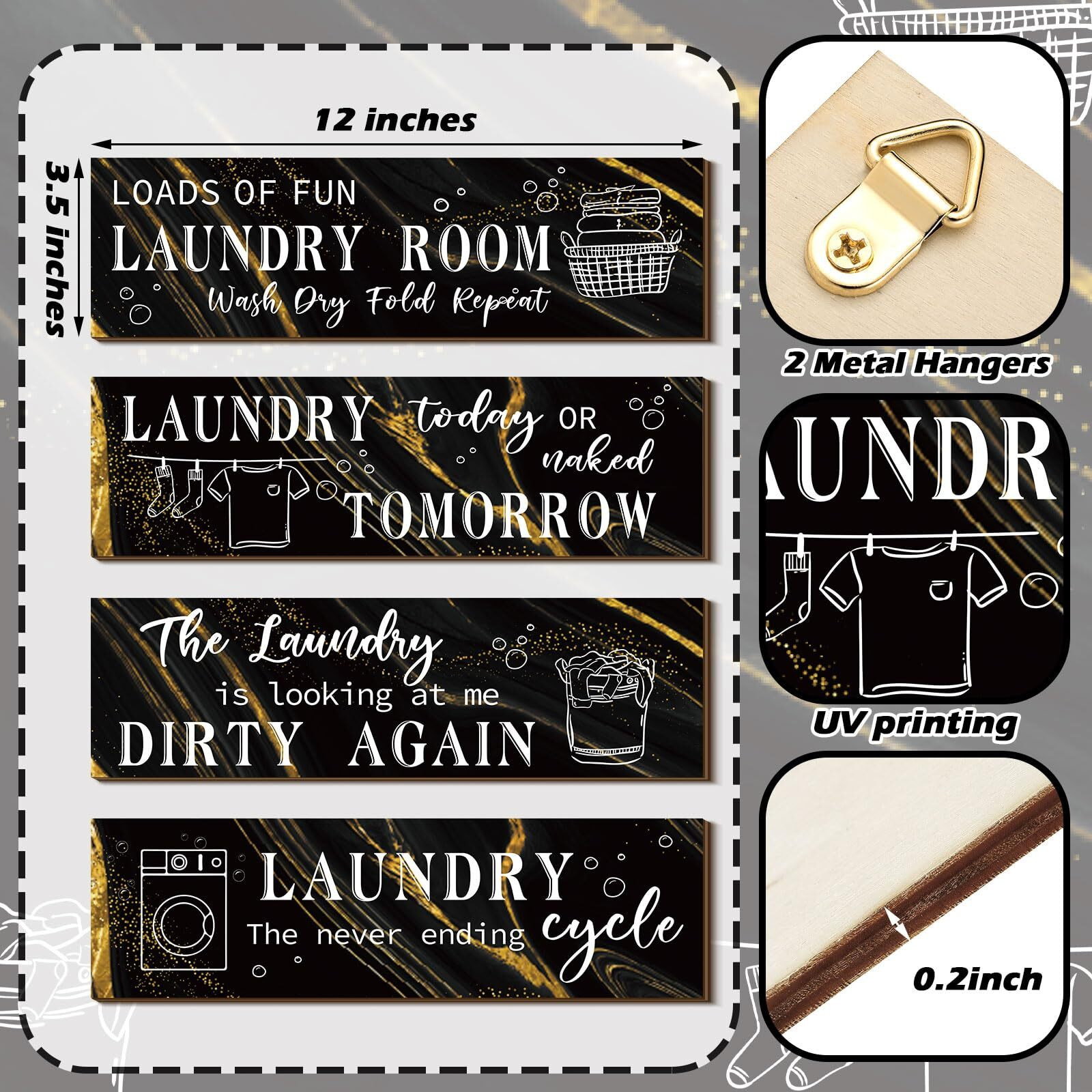 Laundry Room Decor Laundry Room Wooden Sign Funny Sign Wall Plaque Rustic Farmhouse Laundry Wall Decor Vintage Bathroom Wall Sign Laundry Rules Hanging Decor For Bathroom  4 Pieces (Marble Black)