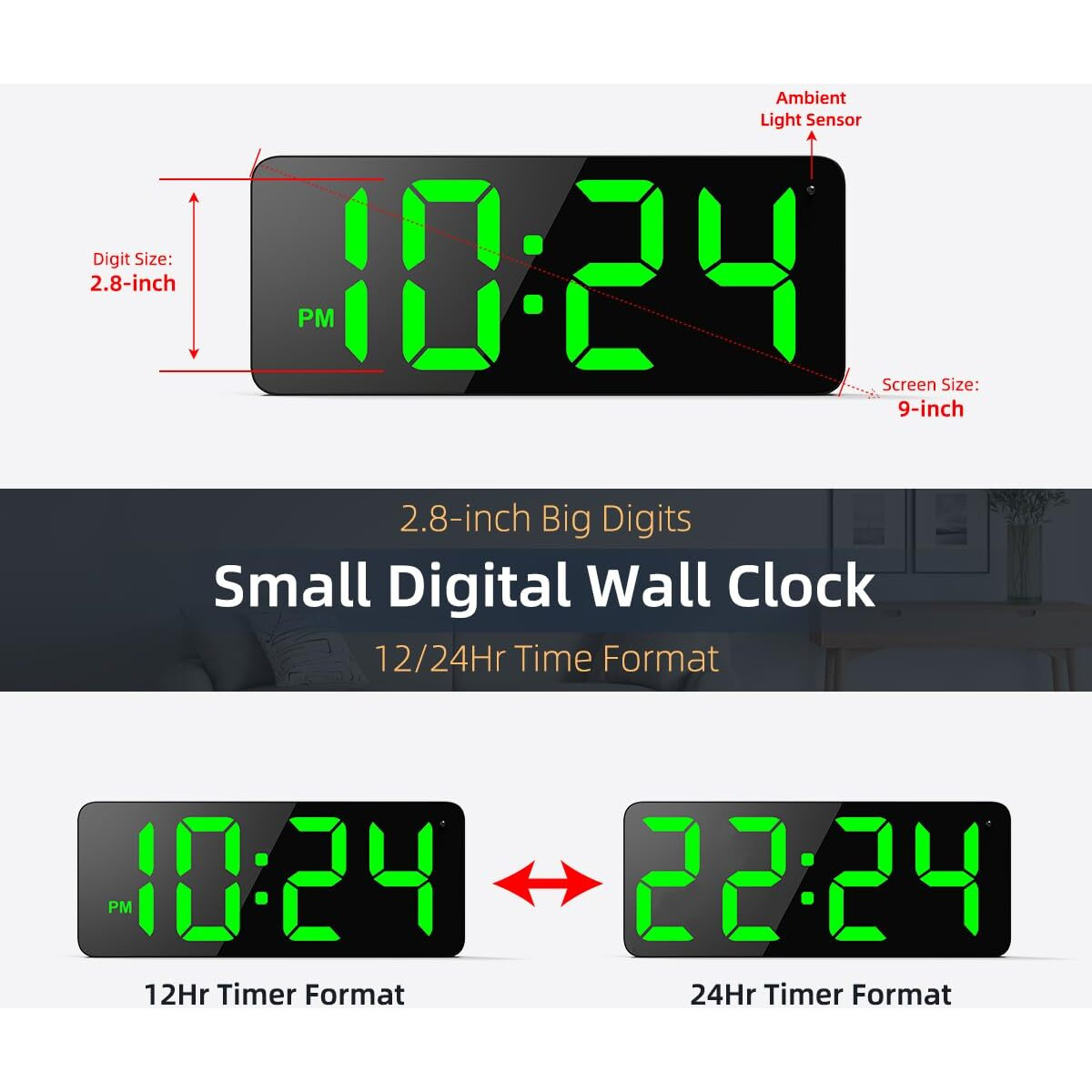 Led Digital Wall Clock With Large Display  Big Digits  Auto-Brightness  12/24Hr Format  Modern Electric Small Silent Wall Clock For Living Room  Bedroom  Classroom  Farmhouse  Kitchen  Office - Green