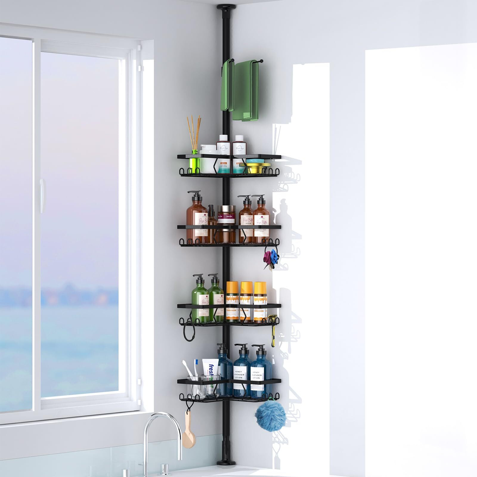 Kadolina Corner Shower Caddy Tension Pole  4-Tier Adjustable Shelves With Tension Pole  53 To 120 Inch Height Shower Rack For Bathtub Shampoo Accessories Storage Holder (Matte Black)